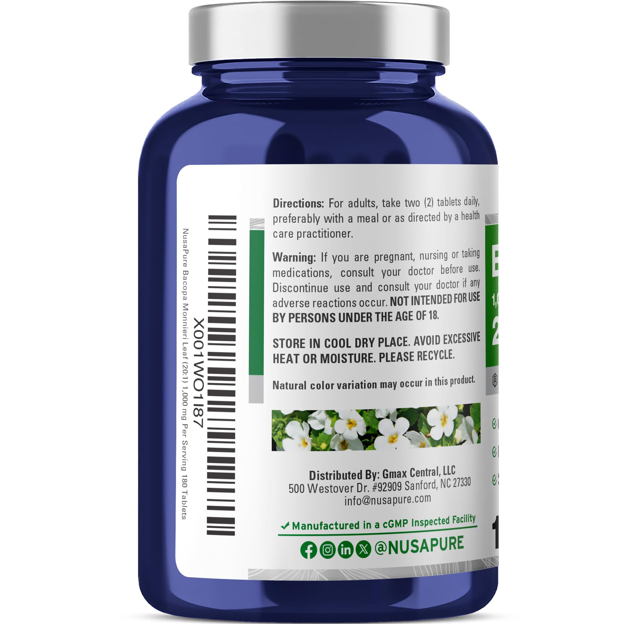 NusaPure Bacopa Leaf Monnieri Extract 20,000 mg 180 Tablets (Extract 20:1, Non-GMO, Gluten Free & Vegan) NusaPureAu supplements