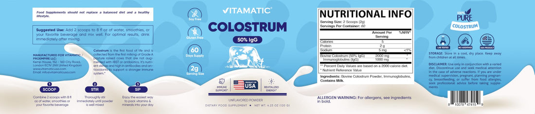 Vitamatic Bovine Colostrum Powder - 50% Highest IgG -120 Gram - Supplement for Gut Health, Hair Growth, Beauty, Muscle Recovery, & Immune Support - Easy to Mix - Unflavored - 60 Servings VitamaticAu supplements