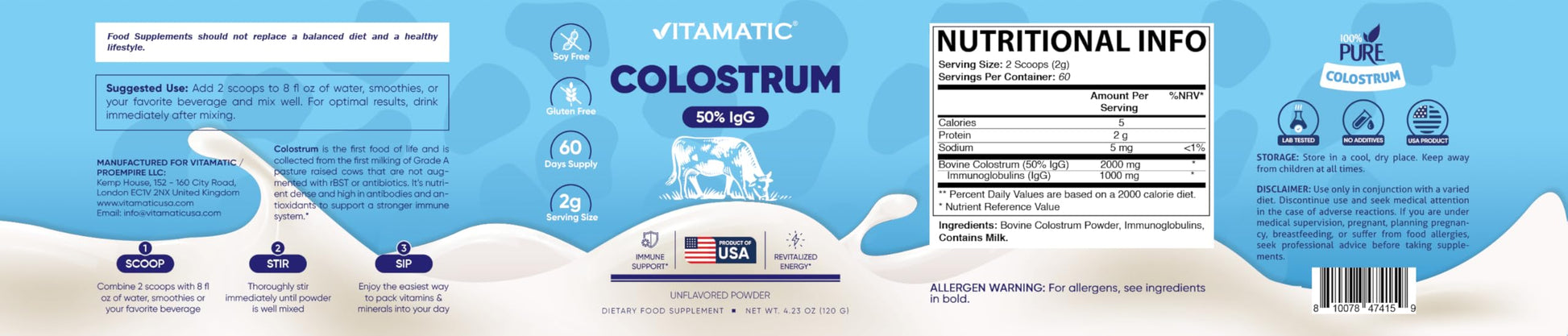 Vitamatic Bovine Colostrum Powder - 50% Highest IgG -120 Gram - Supplement for Gut Health, Hair Growth, Beauty, Muscle Recovery, & Immune Support - Easy to Mix - Unflavored - 60 Servings VitamaticAu supplements
