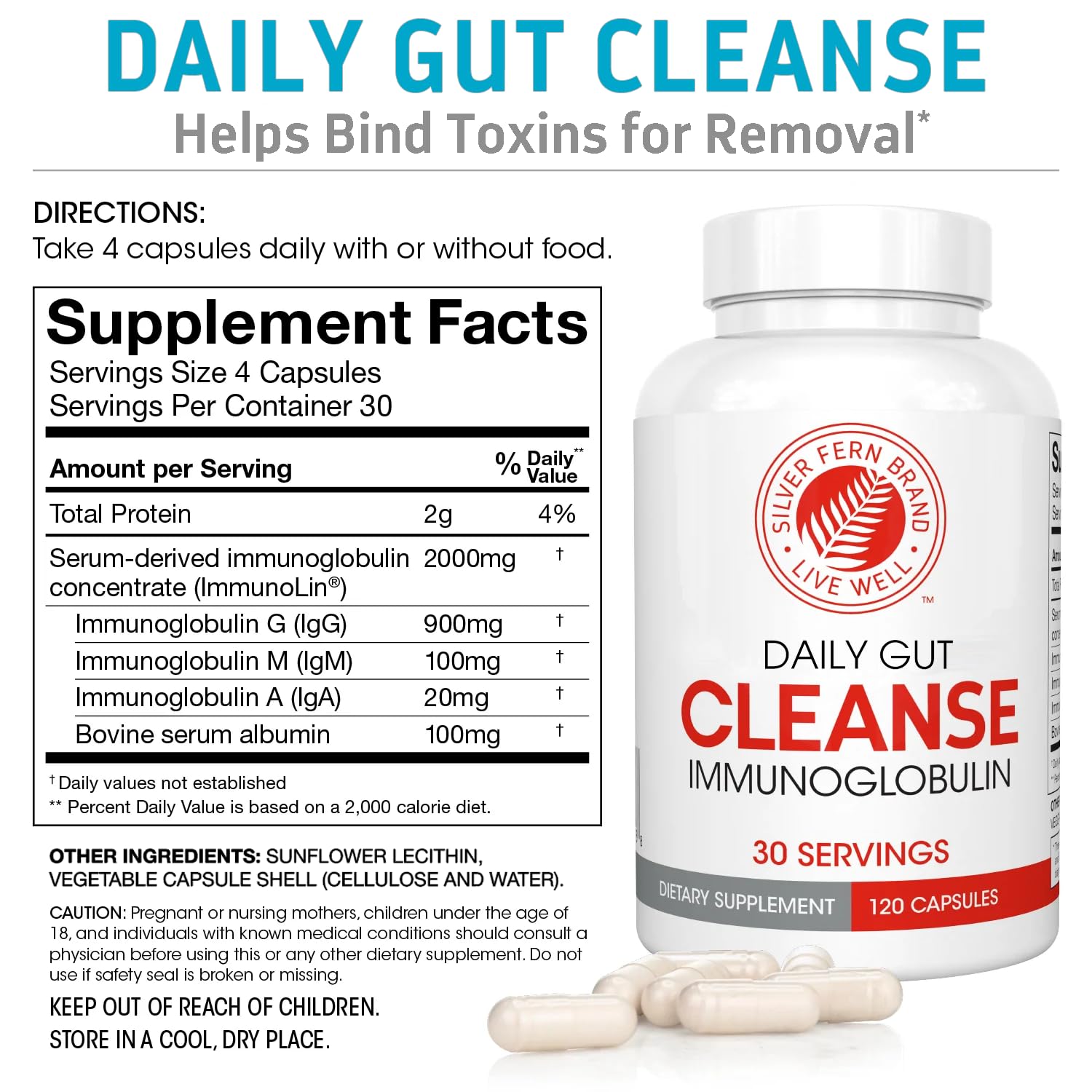 Silver Fern Cleanse - Daily Gut - 1 Bottle - 120 Capsules - 30 Day Supply - Immunoglobulin G, A & M -(IgG, IGA, IgM) - Postbiotic Silver FernAu supplements