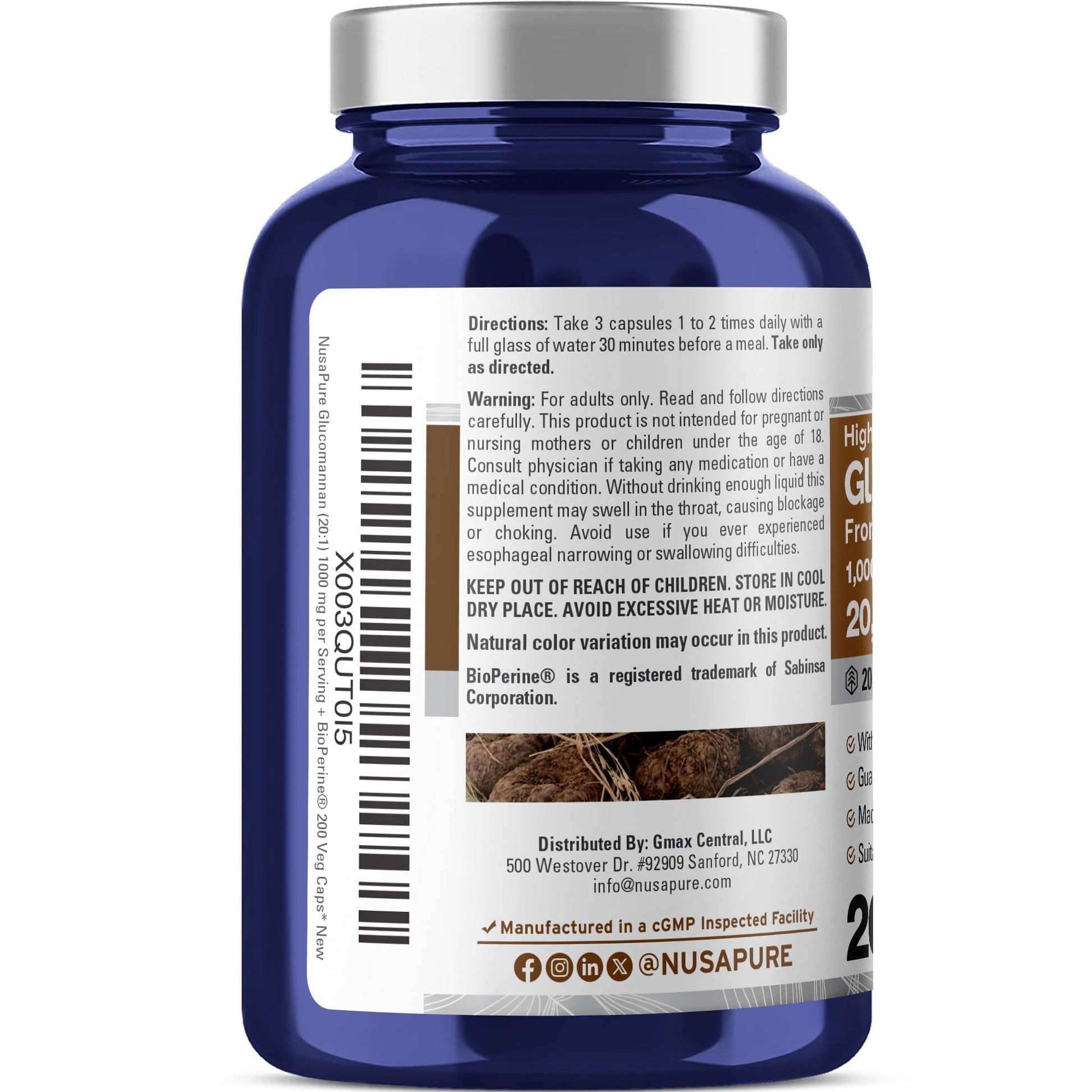 NusaPure Glucomannan 20,000 mg per Serving 200 VCaps (20:1 Extract, BioPerine Non-GMO, Vegan) Konjac Root NusaPureAu supplements