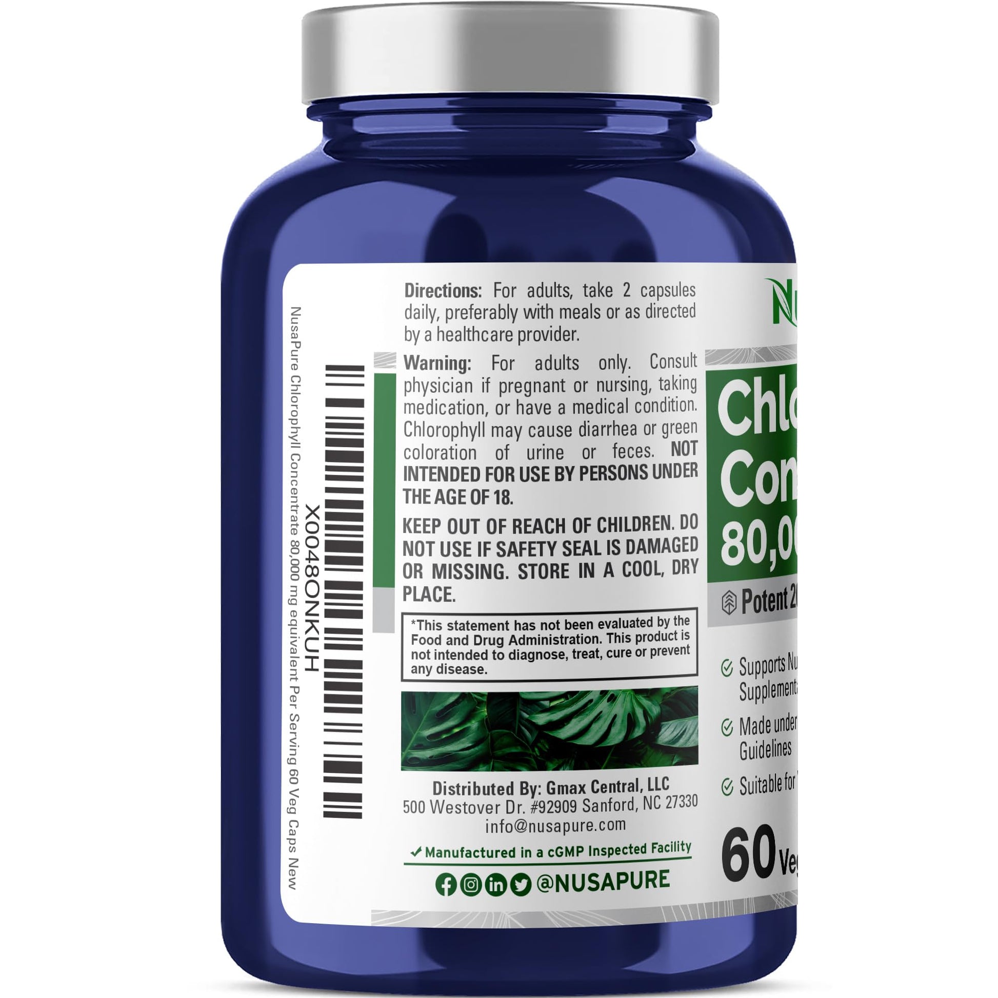 NusaPure Chlorophyll 200:1 Extract, 400 mg Equivalent to 80,000mg 60 Veggie Caps (Equivalent 80000mg per Serving, Non-GMO, Vegan) Sodium Copper Chlorophyllin NusaPureAu supplements