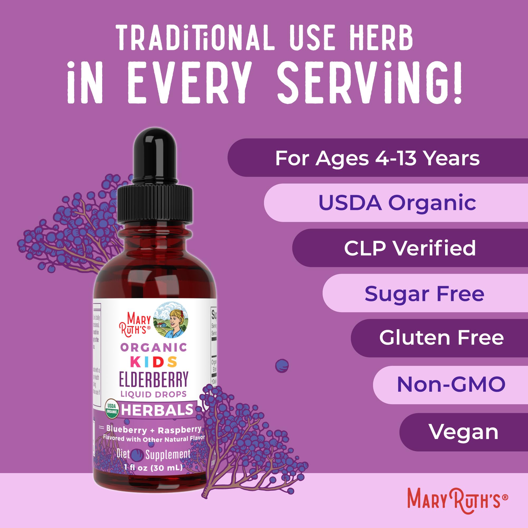 MaryRuth Organics USDA Organic Elderberry Liquid Drops for Kids | Vegan Elderberry Extract Organic Glycerin | Immune Support Supplement | Overall Health | Formulated for Ages 4-13 | 1oz MARYRUTH'SUS supplements