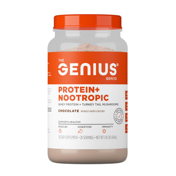 The Genius Brand Protein Powder - Chocolate + Adaptogenic Mushroom Blend - Plant-Based Protein with Reishi, Cordyceps & Lion’s Mane - Daily Muscle Recovery & Immune Support - 20 Servings The Genius BrandUS supplements