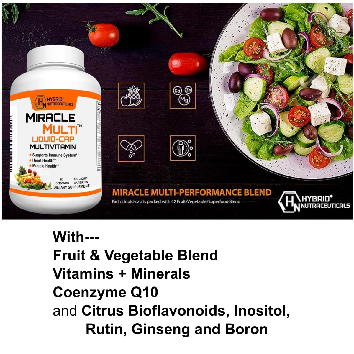 MiracleMulti Liquid Multivitamin Capsules for Men & Women - Complete Whole Food Blend Daily Vitamin & Mineral Supplement with CoQ10, B12, 42 Superfood Enzyme - 120 Softgels Hybrid NutraceuticalsAu supplements