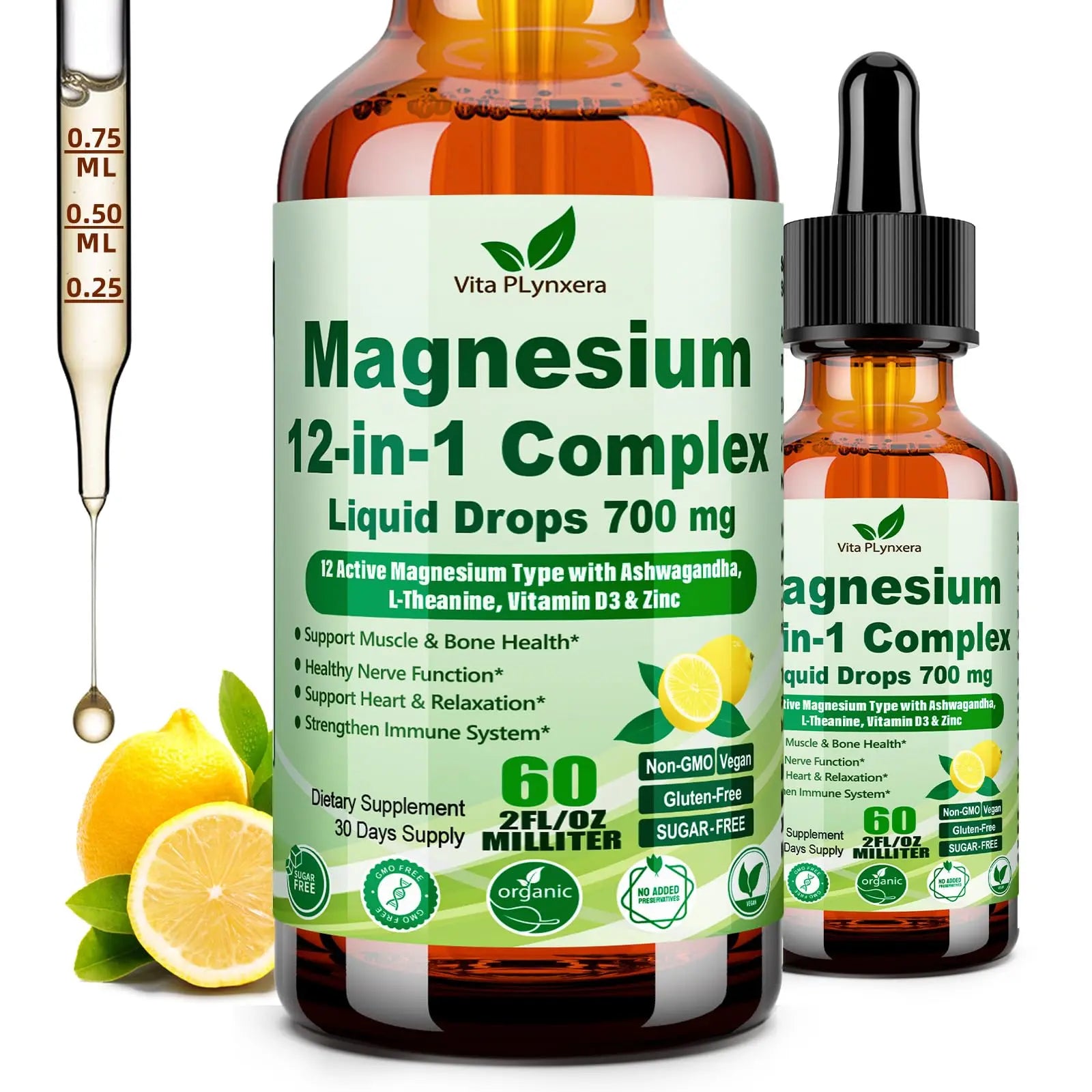 12-in-1 Magnesium Complex Liquid Drops, Chelated Magnesium Citrate Glycinate Taurate Malate Aspartate w. Ashwagandha Theanine D3 & Zinc for Relaxation Sleep Immune Health & Muscle Function丨Women Men. Vita PLynxeraAu supplements