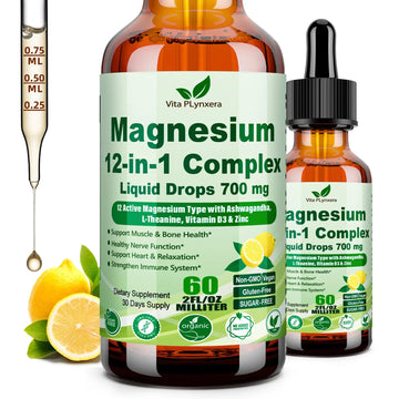 12-in-1 Magnesium Complex Liquid Drops, Chelated Magnesium Citrate Glycinate Taurate Malate Aspartate w. Ashwagandha Theanine D3 & Zinc for Relaxation Sleep Immune Health & Muscle Function丨Women Men. Vita PLynxeraAu supplements