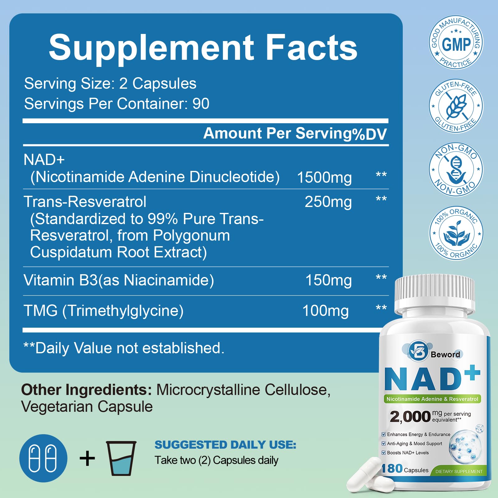 BEWORD Liposomal NAD 2000 Mg, 180 Capsules, 4-in-1 Formula with Liposomal NAD, Trans-Resveratrol, Non-GMO | Energy Support BEWORDAu supplements