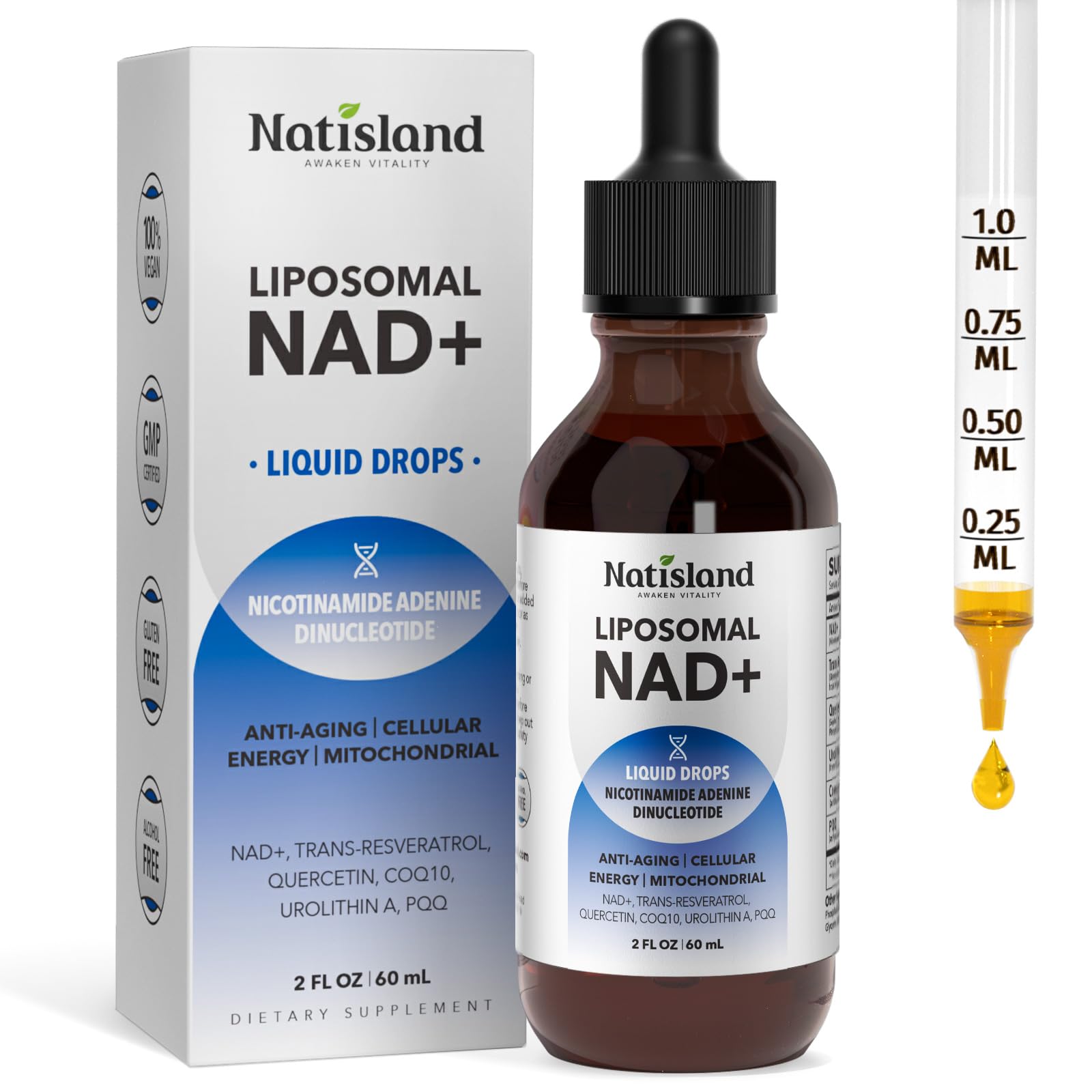 NATISLAND Liposomal NAD Supplement, 1000mg NAD+ Liquid Drops for Women & Men, with Resveratrol, Urolithin A, Quercetin, CoQ10 & PQQ, for Cellular & Metabolism Health, Energy & Anti-Aging, 2 Fl Oz NATISLANDAu supplements