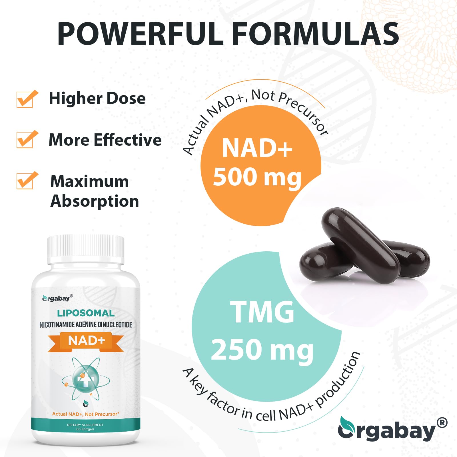 Orgabay Liposomal NAD+ Supplement 500 mg, High Absorption, Boost NAD+ with TMG 250 mg, Actual NAD Plus More Efficient Than Nicotinamide Riboside, Support Cellular Energy, Healthy Aging | 180 Softgels OrgabayAu supplements
