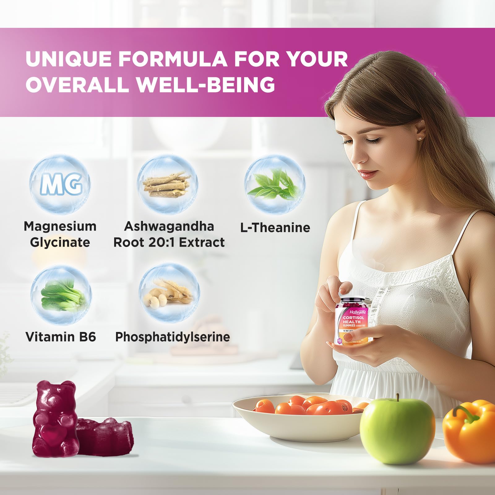 HOLLEGEND Cortisol Supplements for Women Men, Cortisol Gummies with Ashwagandha, Magnesium, L-Theanine, Phosphatidylserine, B6 for Cortisol Detox, Relaxation, Sleep, Focus, Sugar-Free, Vegan, 60 HOLLEGENDAu supplements
