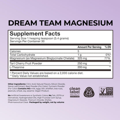 Hum Nutrition Dream Team Magnesium Bisglycinate Powder, L Theanine & Tart Cherry Magnesium Supplement Drink Mix, Support Rest, Relaxation & Sleep Routine, Gluten Free, Vegan, Cherry Lemon, 30 Servings HUMUS supplements