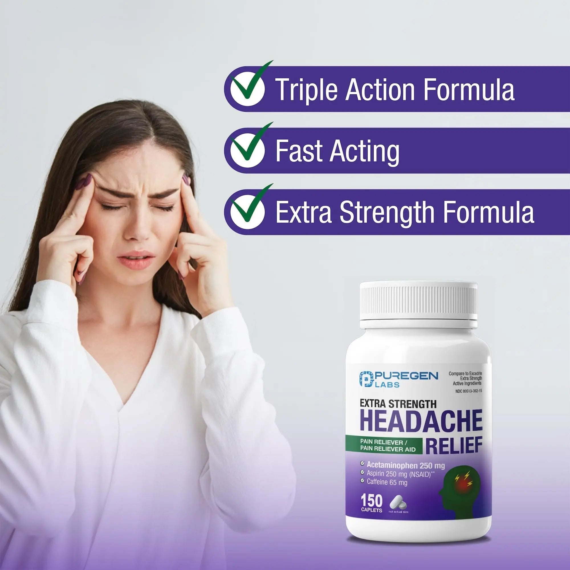 Puregen Labs Extra Strength Headache Caplets, Aspirin 250 mg (NSAID), Caffeine 65 mg, 150 Count P Puregen LabsAu supplements