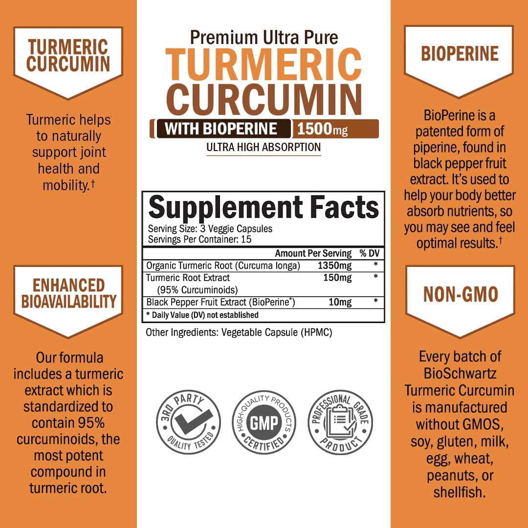 Turmeric Curcumin with Black Pepper Extract 1500mg - High Absorption BioSchwartzUS supplements