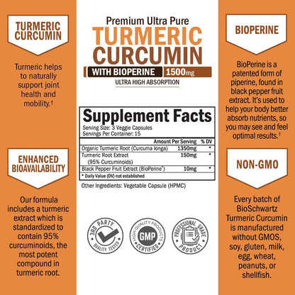 Turmeric Curcumin with Black Pepper Extract 1500mg - High Absorption BioSchwartzUS supplements