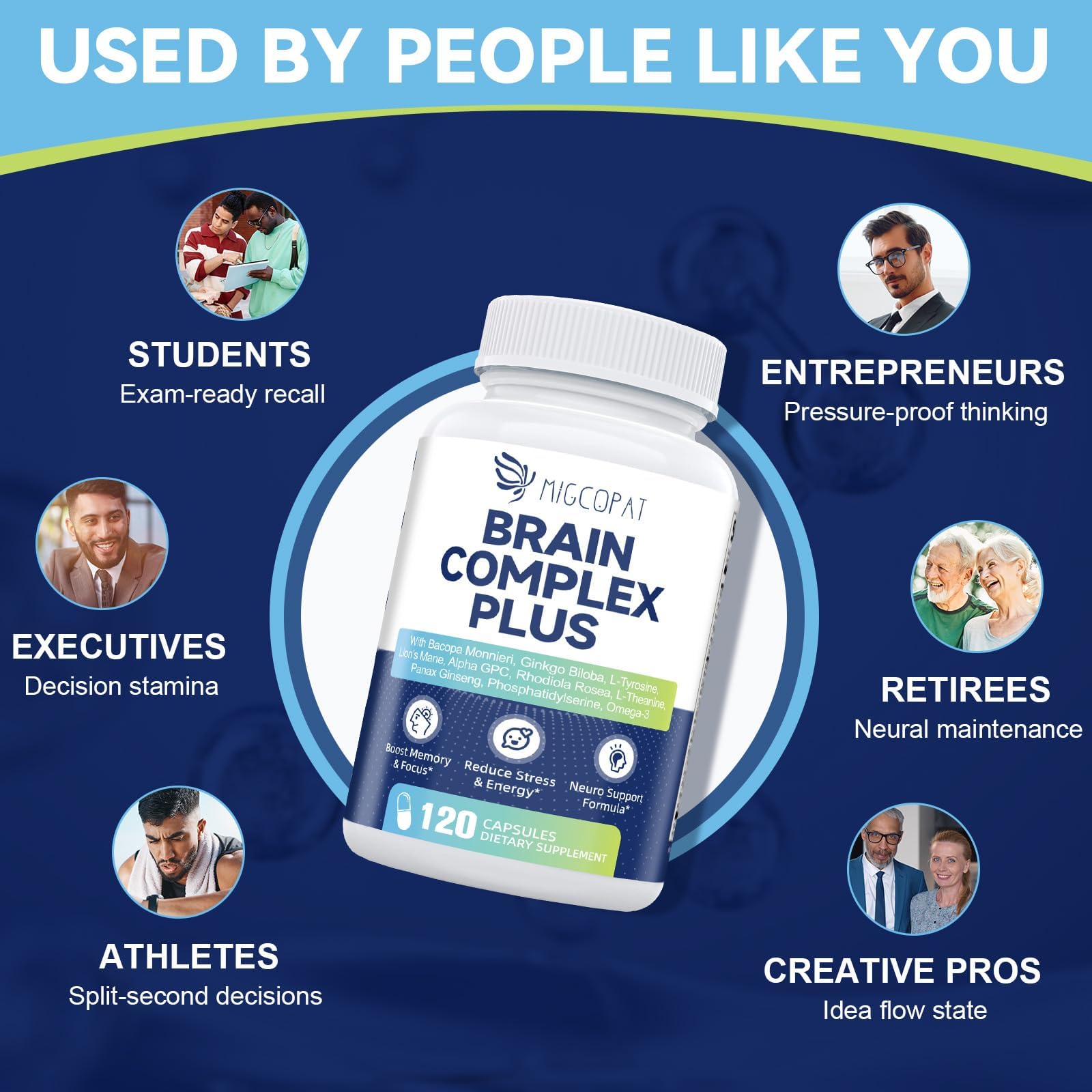 Brain Supplements for Memory and Focus | Nootropic with Bacopa Monnieri, Lion's Mane, Alpha GPC, Ginkgo Biloba | Mental Clarity & Cognitive Support | Vitamin B6 & B12 Neuro Health - Non-GMO, 120 Caps MigcopatAu supplements