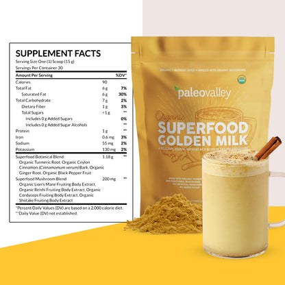 Paleovalley Organic Superfood Golden Milk - Immune, Focus, Cognitive, Longevity - Turmeric, MCT-Rich Coconut Milk, Functional Mushrooms, 30 Servings PaleovalleyUS supplements