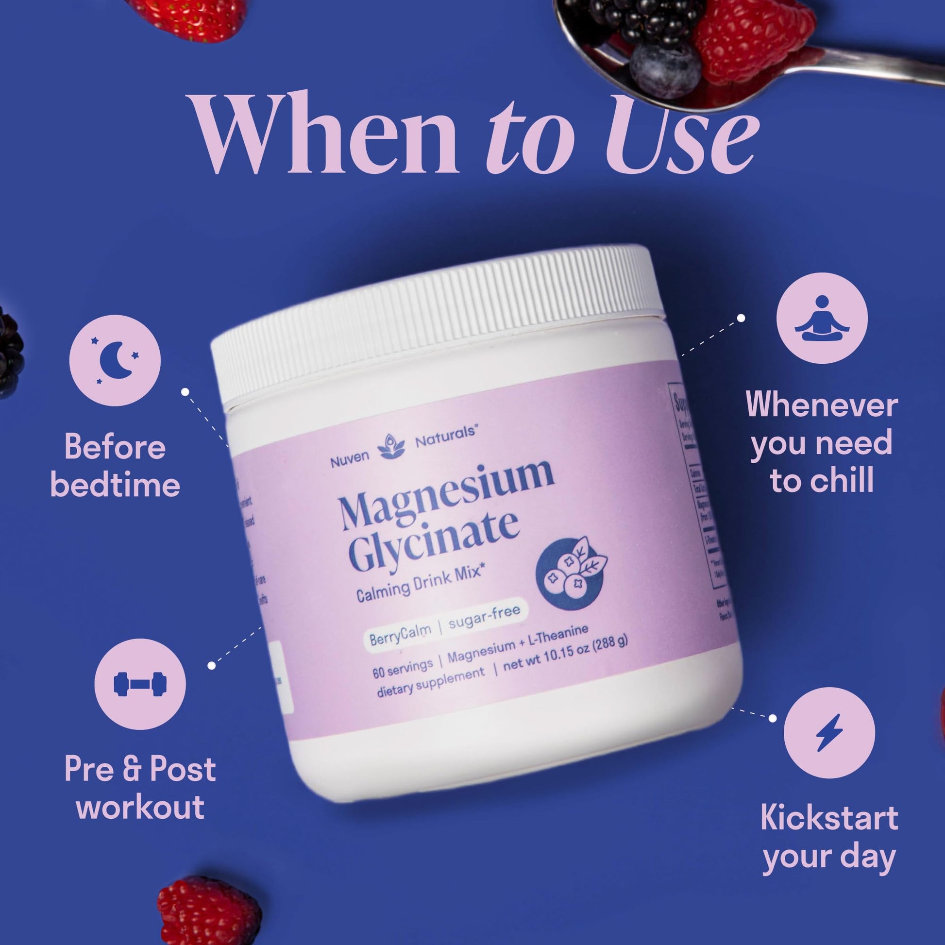 Magnesium Glycinate Powder + L-Theanine | 60 Servings | 300 mg per Scoop High Absorption Chelated Magnesium Powder for Sleep - Natural Mixed Berry Flavor, No Sugar, Support Restful Sleep & Relaxation Nuven NaturalsAu supplements