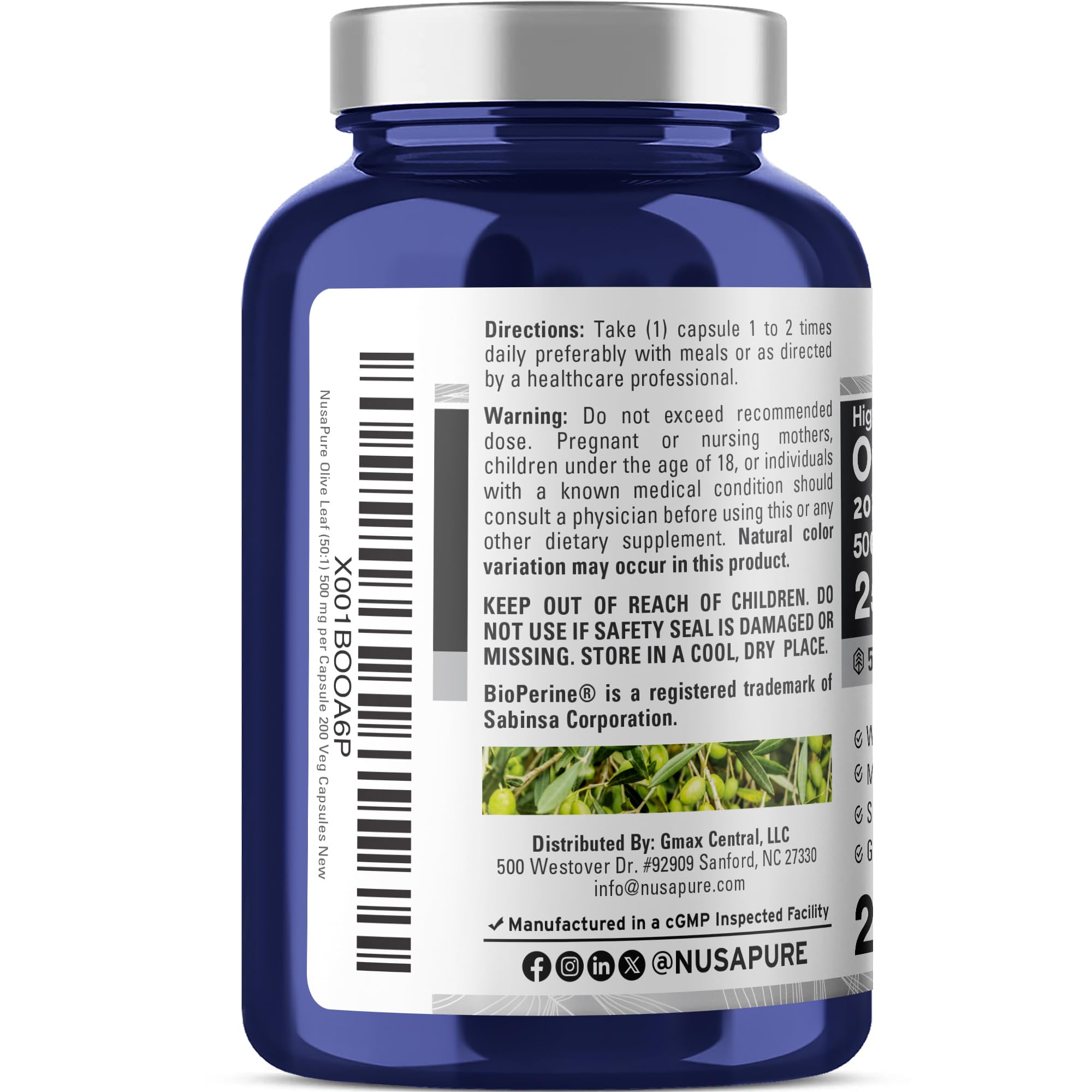 NusaPure Olive Leaf 20% Oleuropein 50:1 Extract, 500 mg Equivalent to 25,000 mg 200 Veg Caps Suitable for Vegetarians and Vegans, Non-GMO NusaPureAu supplements