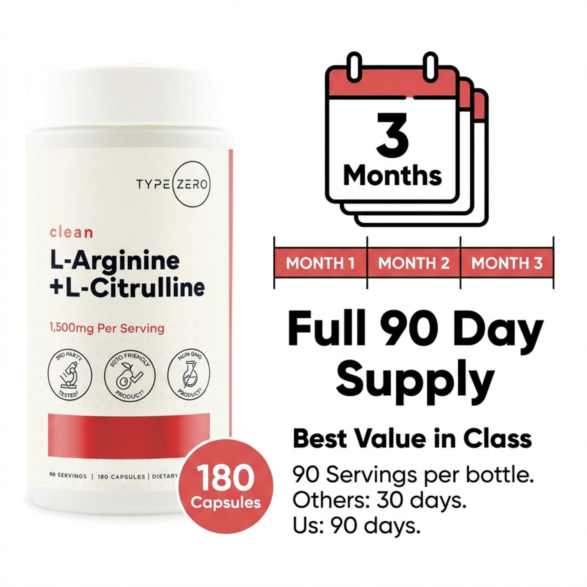 Type Zero L-Arginine + L-Citrulline Supplement (1500mg) - Nitric Oxide Booster - Clean, Keto-Friendly, GMO-Free, 180 Capsules, 90 Servings Type ZeroUS supplements