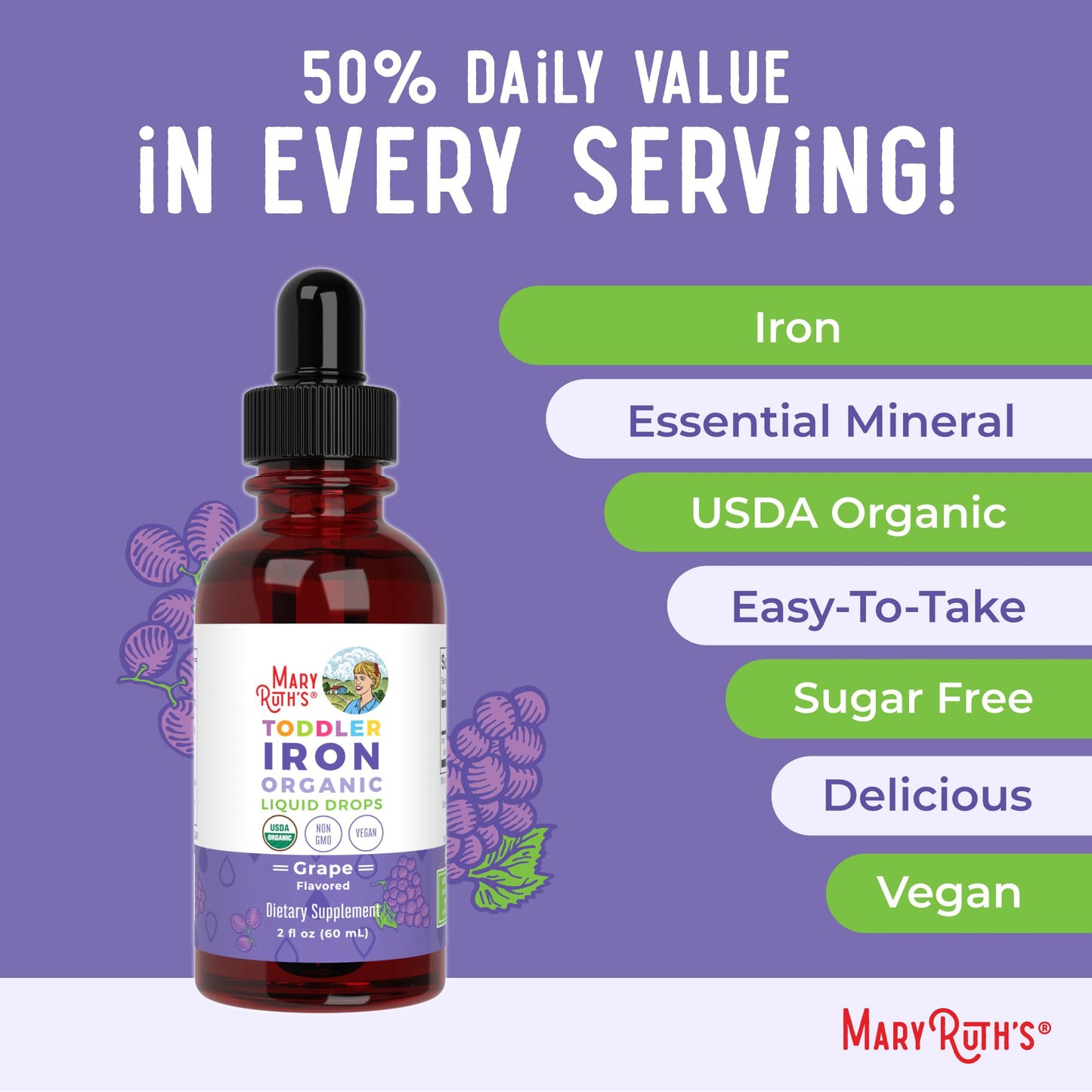 MaryRuth's Iron Supplement for Toddlers | Liquid Iron Supplement for Children Ages 1-3 | Iron Supplement for Iron Deficiency | Ferrochel | Sugar Free | Vegan | Non-GMO | Gluten Free | 2 Fl Oz MARYRUTH'SUS supplements