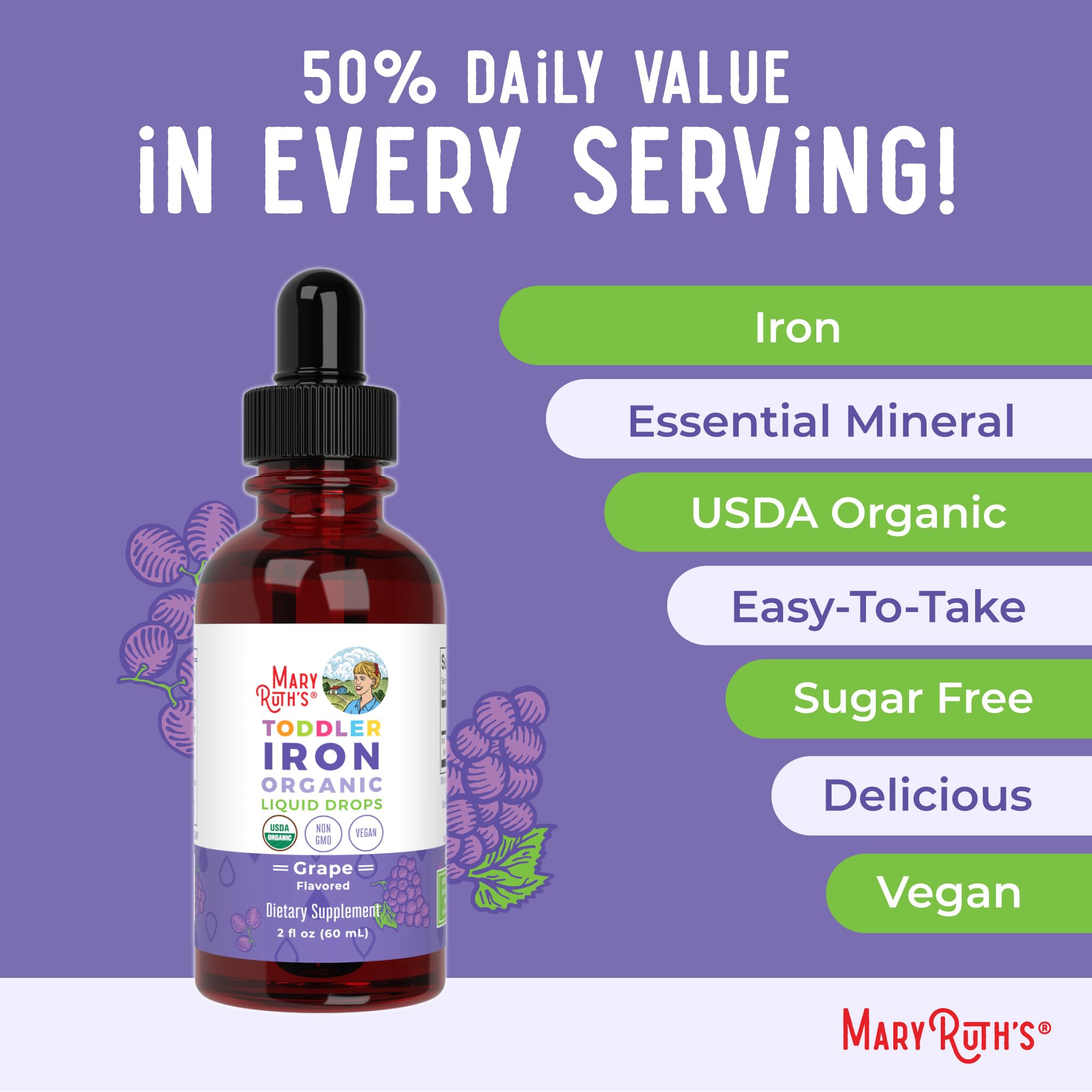 MaryRuth's Iron Supplement for Toddlers | Liquid Iron Supplement for Children Ages 1-3 | Iron Supplement for Iron Deficiency | Ferrochel | Sugar Free | Vegan | Non-GMO | Gluten Free | 2 Fl Oz MARYRUTH'SUS supplements