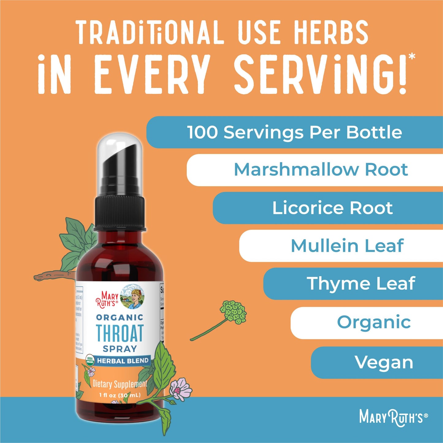 MaryRuth Organics USDA Organic Throat Spray with Mullein Leaf | Marshmallow Root & Licorice Root & Thyme Leaf | 4 Herbal Blend | Non-GMO | Vegan | Gluten Free | 1 Fl Oz | Up to 100 Servings MARYRUTH'SUS supplements