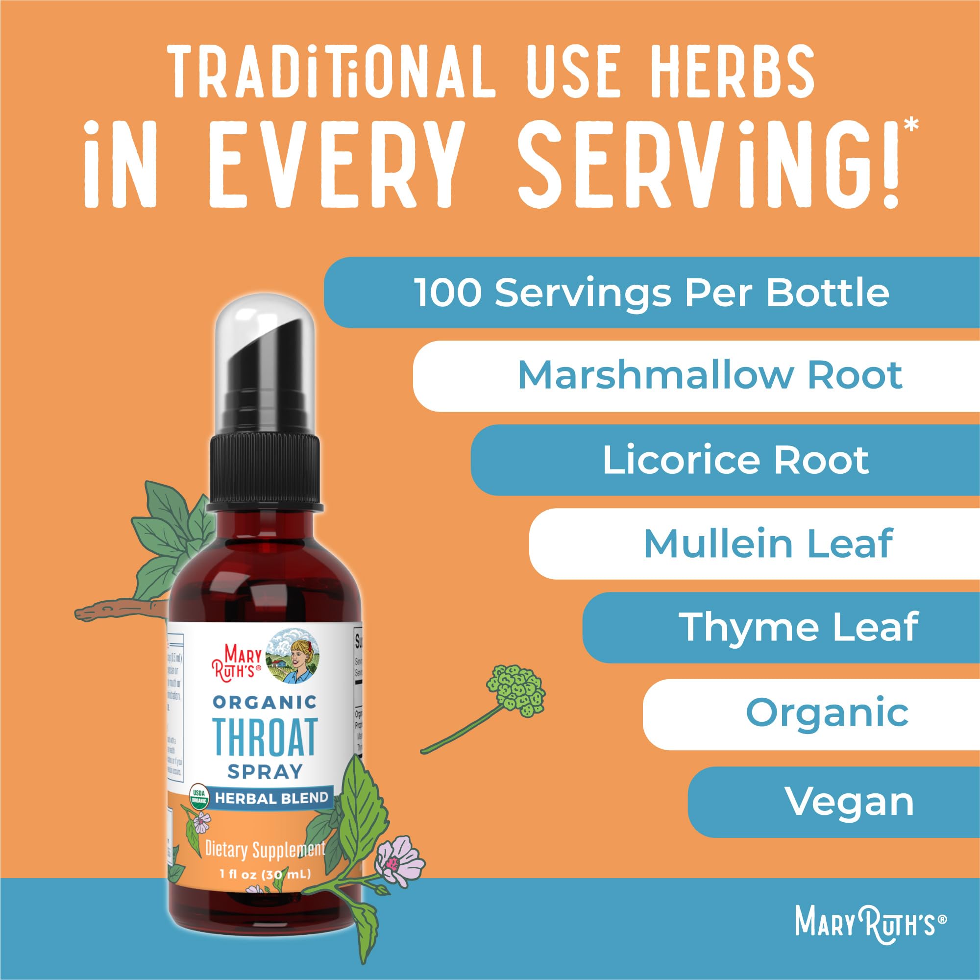 MaryRuth Organics USDA Organic Throat Spray with Mullein Leaf | Marshmallow Root & Licorice Root & Thyme Leaf | 4 Herbal Blend | Non-GMO | Vegan | Gluten Free | 1 Fl Oz | Up to 100 Servings MARYRUTH'SUS supplements