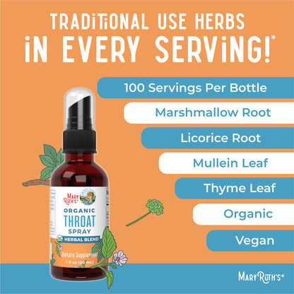MaryRuth Organics USDA Organic Throat Spray with Mullein Leaf | Marshmallow Root & Licorice Root & Thyme Leaf | 4 Herbal Blend | Non-GMO | Vegan | Gluten Free | 1 Fl Oz | Up to 100 Servings MARYRUTH'SUS supplements