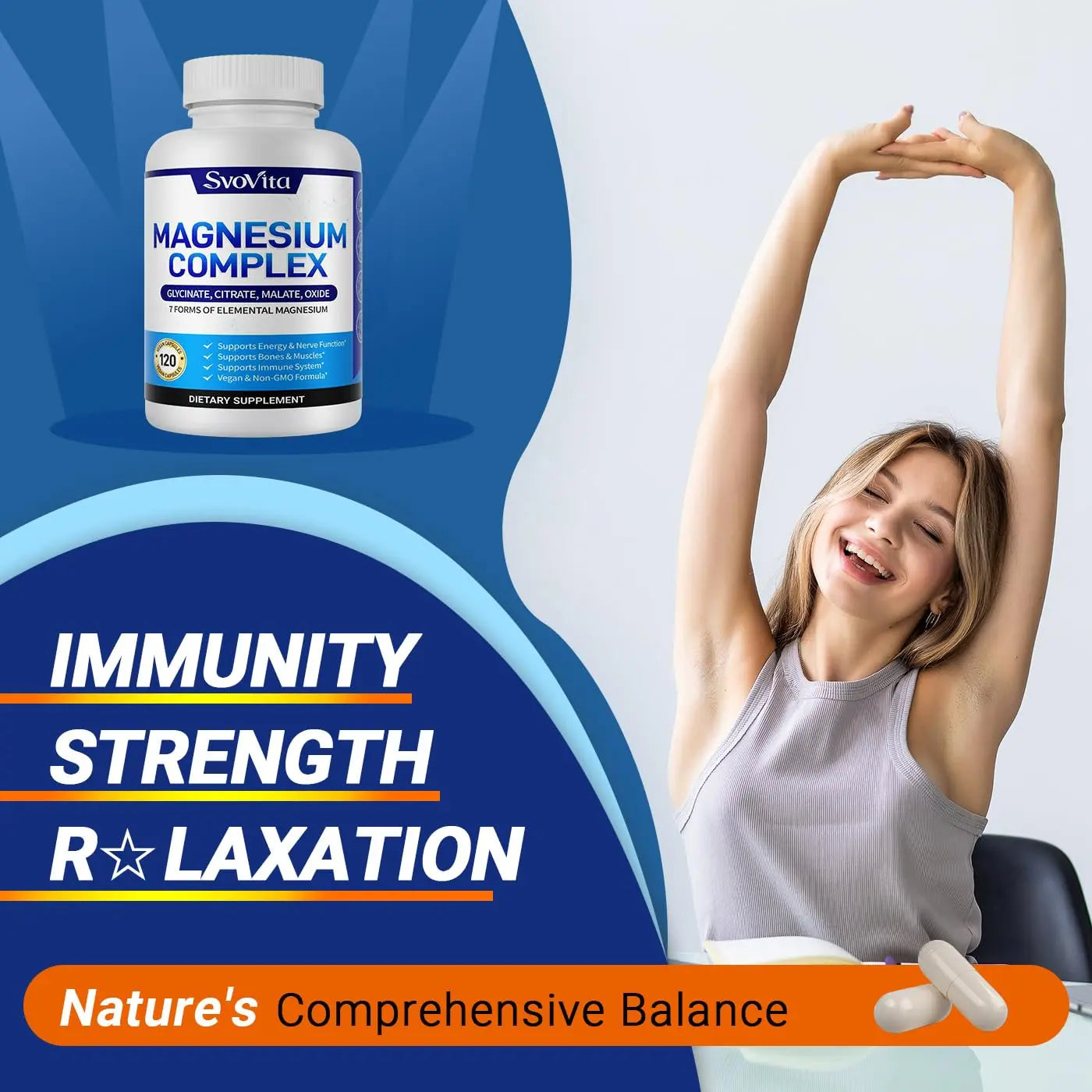 Magnesium Complex Supplement with 7 Forms of Magnesium Glycinate, Malate, Citrate & More, High Absorption for Bones, Muscle, Recovery, Energy, Vegan Non-GMO 120 Capsules Svovitanz supplements