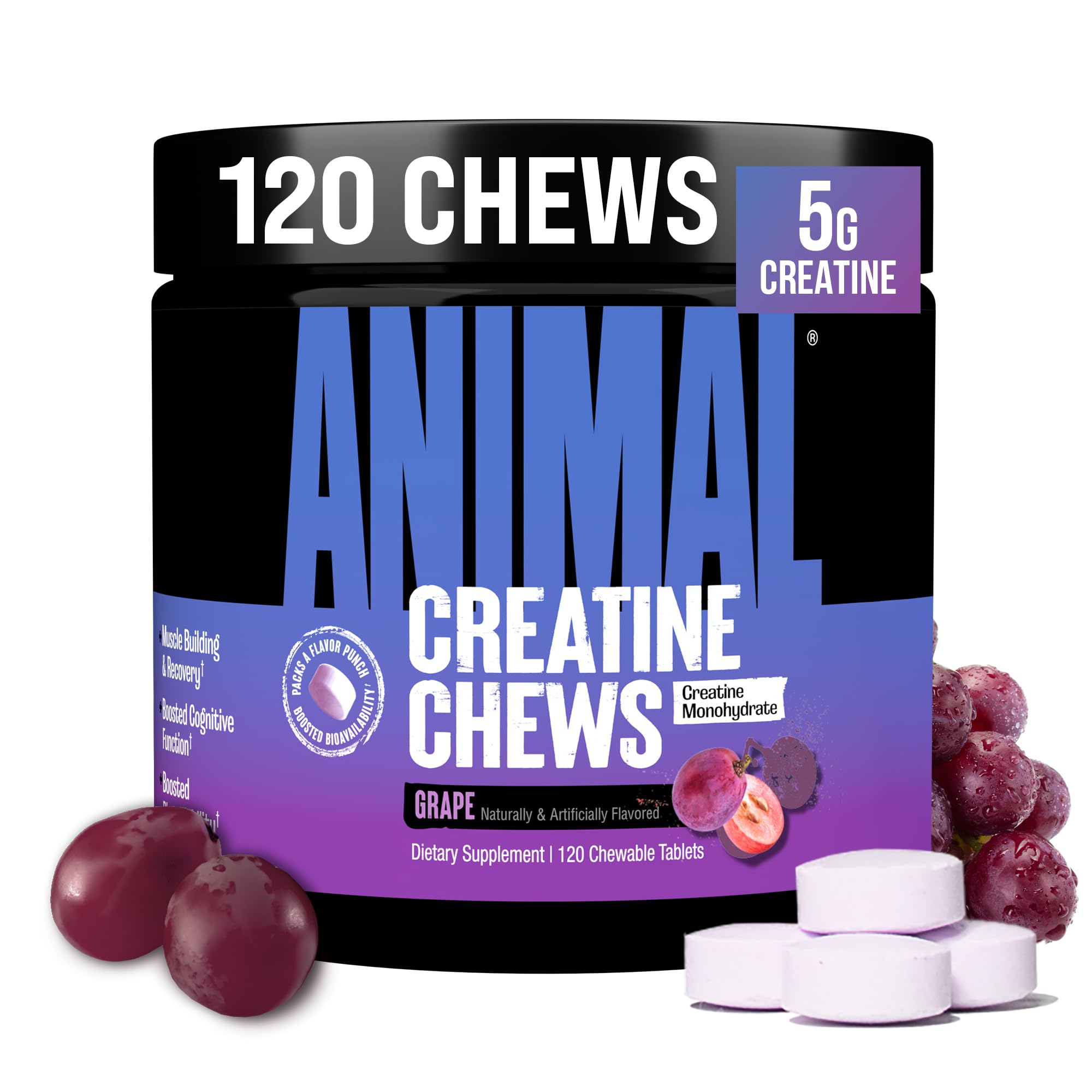 Animal Creatine Chews – 5g Creatine Monohydrate Tablets for Strength, Power & Training Recovery Support – Enhanced Absorption with AstraGin® – Convenient Chewable Format – 120 Tablets AnimalAu supplements