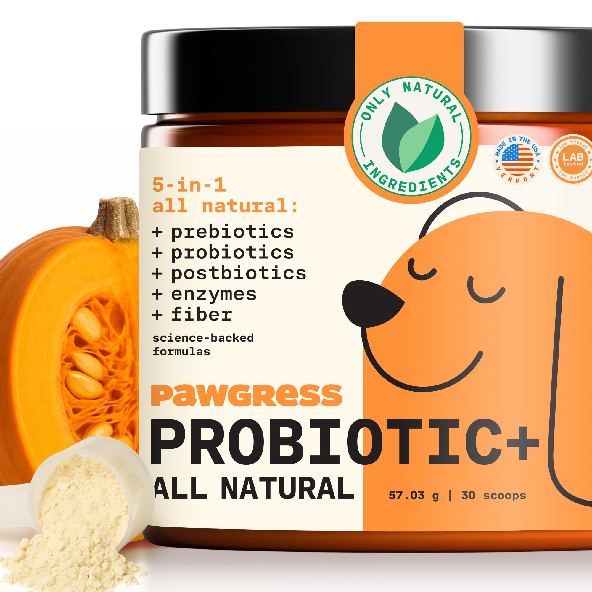 Pawgress 5-in-1 Dog Probiotic Powder – 100% Natural Gut Health Support with Prebiotics, Postbiotics & Enzymes - Made in USA – 30 Scoops PAWGRESSAu supplements