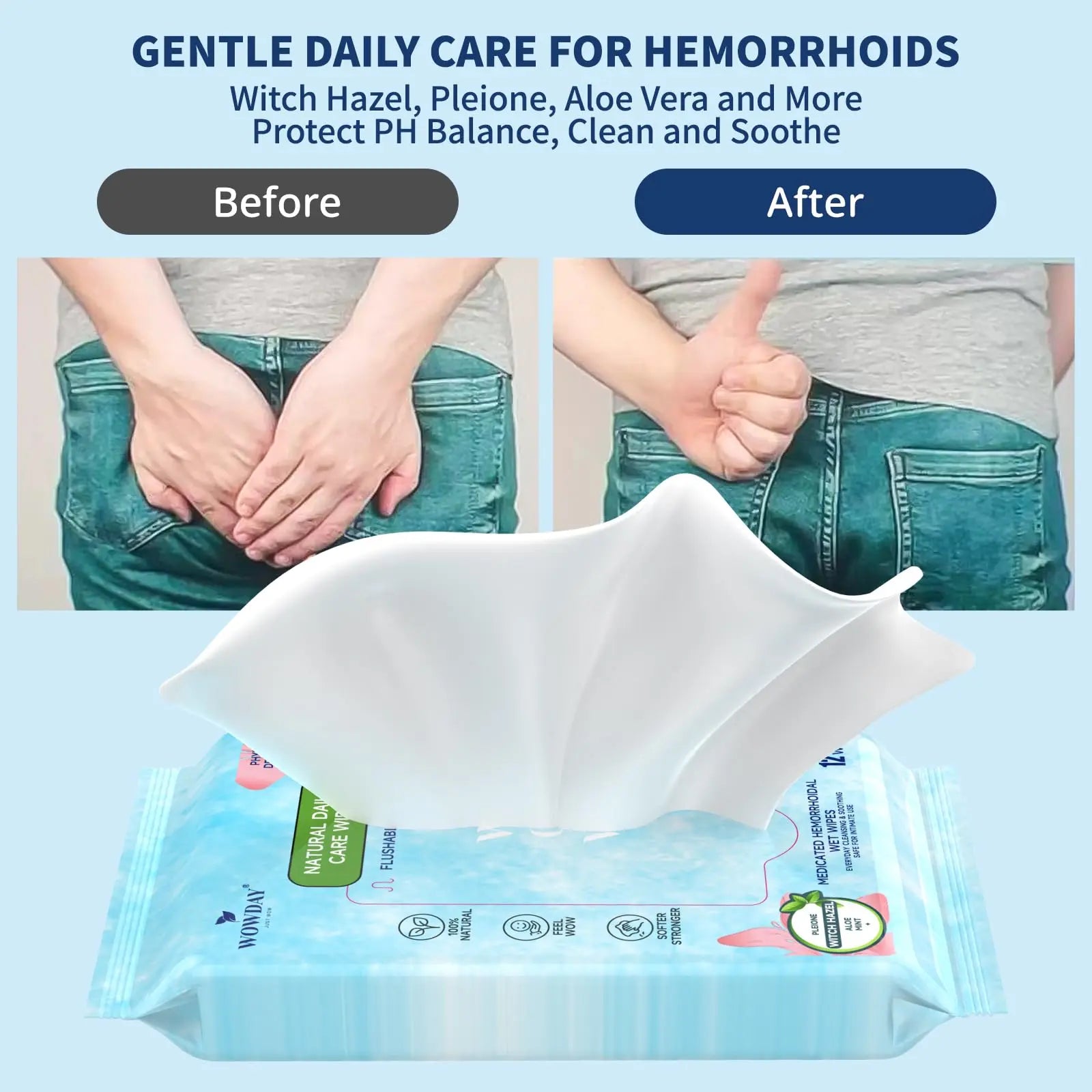Wowday Flushable Hemorrhoid Wipes | Medicated Witch Hazel Wipes Ph Balanced | 112 Count Natural Fragrance Free Adult Hemorrhoids Witch Hazel Wipe for Butt Itch WowDayAu supplements