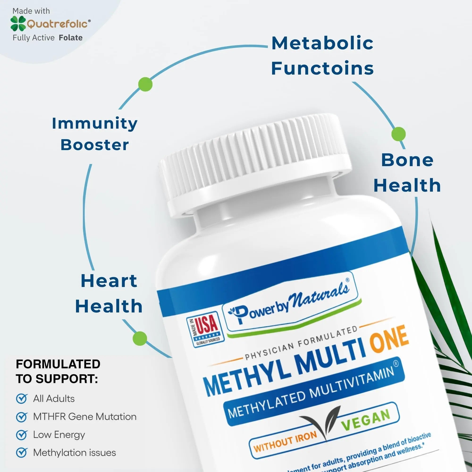 Power By Naturals Methyl Multi One - Iron-Free Methylated Multivitamin with Quatrefolic 5-MTHF, Active B12, P5P, CoQ10 & Zinc for MTHFR Support Power By NaturalsAu supplements