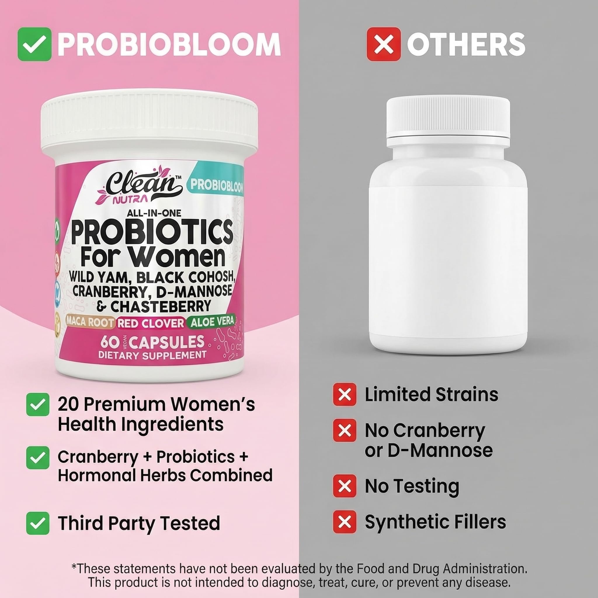 Clean Nutraceuticals Probiotics for Women with D Mannose, Cranberry Extract, Wild Yam, Chasteberry - 20 Probiotic and Prebiotic Strains - PH Balance, Womens Probiotic for Digestive Health - 60 Count Clean NutraceuticalsAu supplements