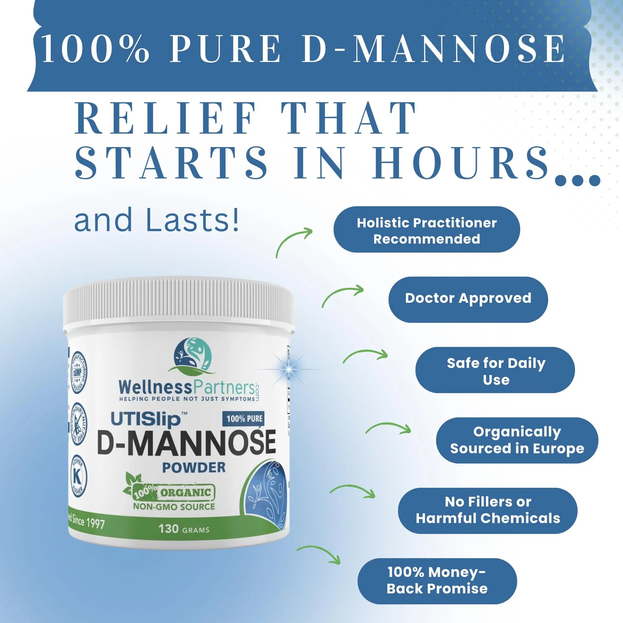 Now New UTI-Slip D Mannose Non GMO Organic Source Powder 130g jar. WellnessPartnersAu supplements