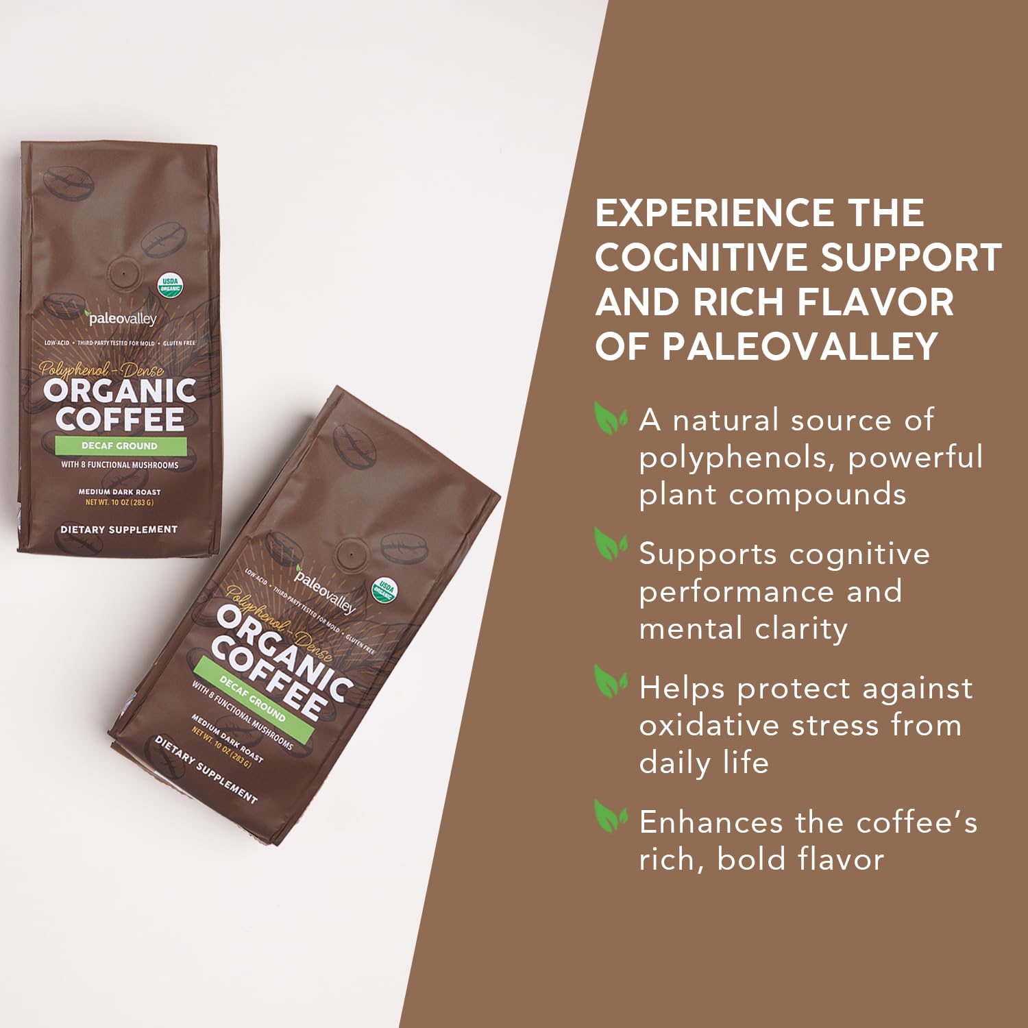 Paleovalley Organic Ground Coffee, 10oz - Decaf, Low Acid, Single-Origin, Polyphenol-Rich, Infused with Mushrooms PaleovalleyUS supplements