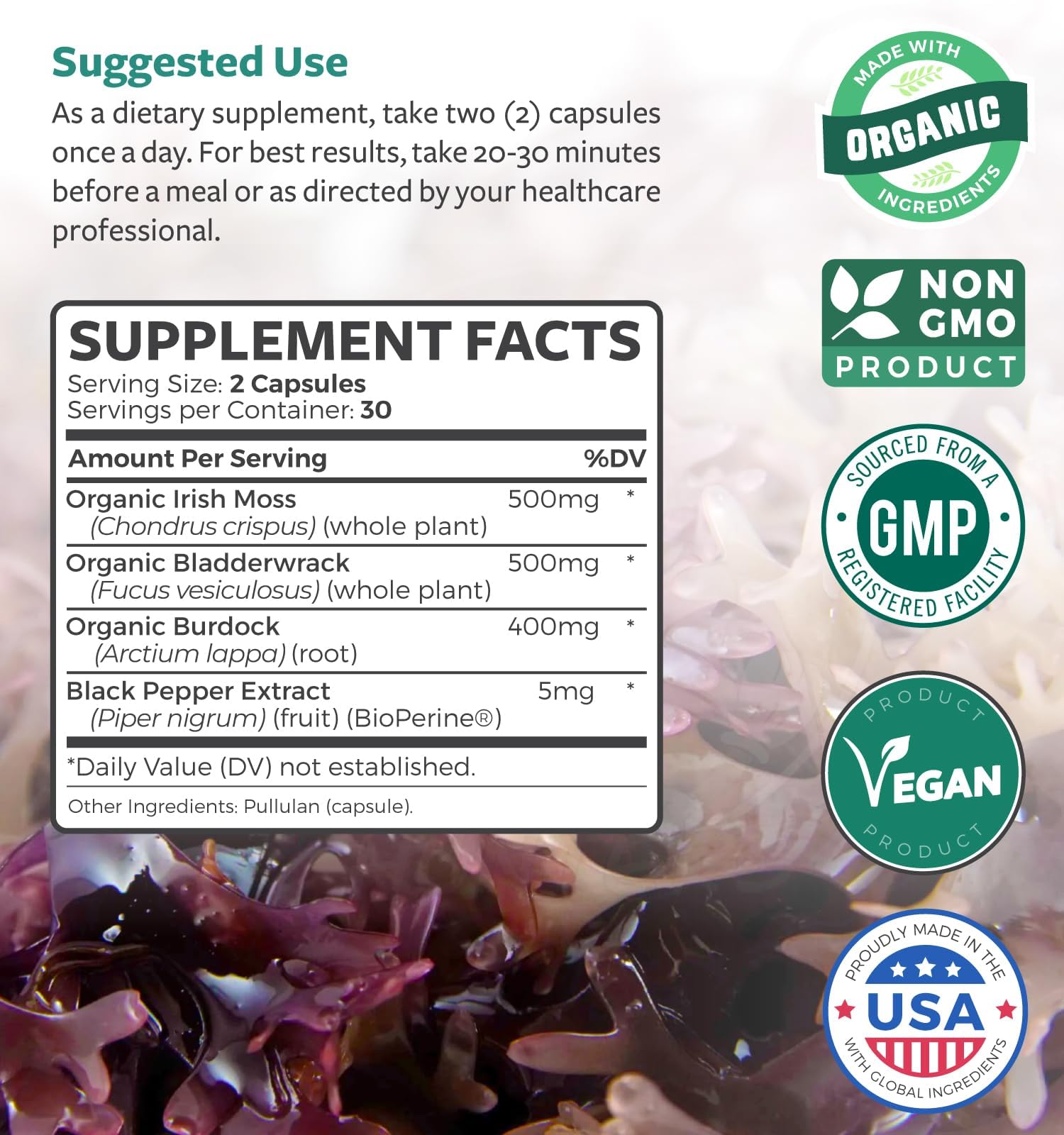 Organic Irish Sea Moss Capsules - Organic Sea Moss Capsules with Bladderwrack Burdock Root and Black Pepper Extract for Enhanced Absorption - Vegan Non-GMO & Made in the USA (1 Month Supply) Healths HarmonyAu supplements