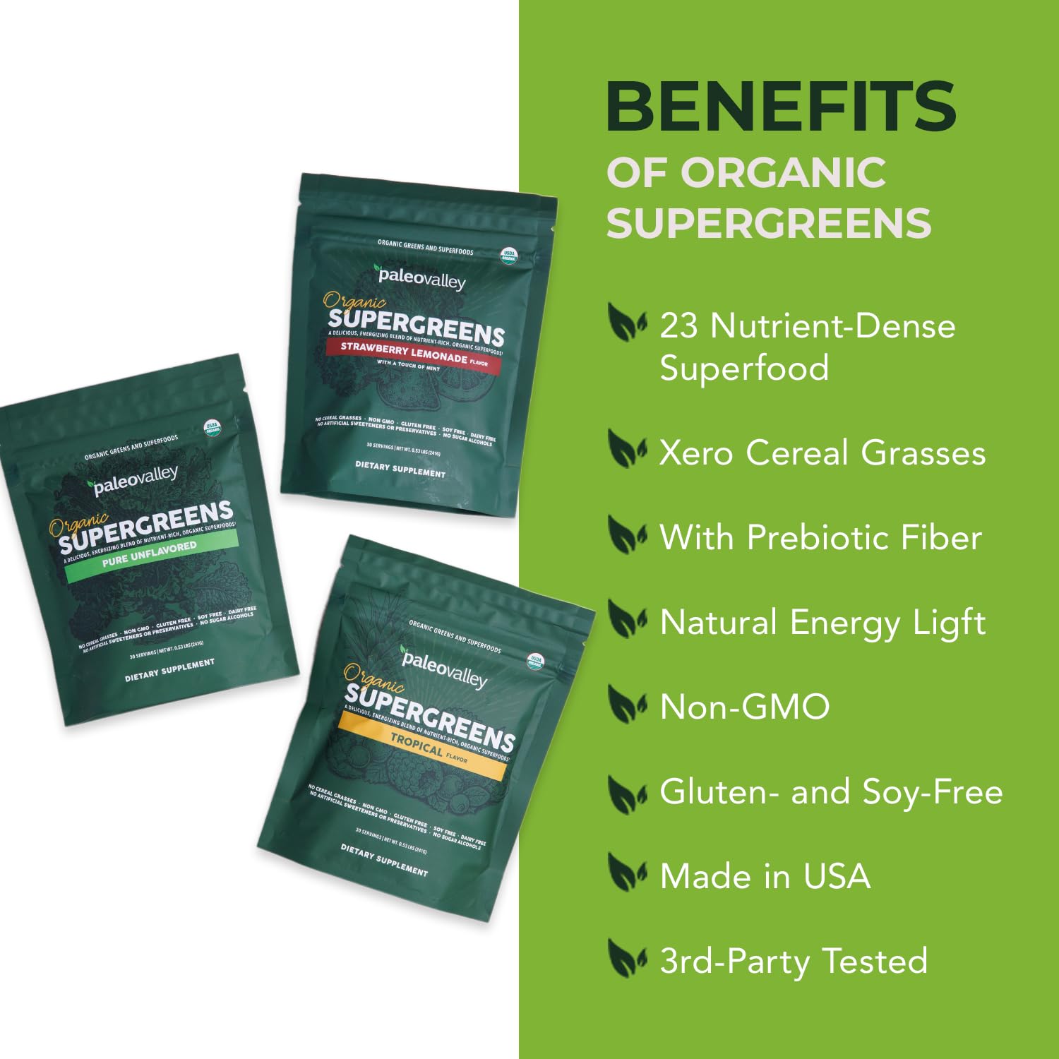 Paleovalley Organic Supergreens Powder - 23 Superfoods with Prebiotic Fiber for Energy and Immunity Support - No Cereal Grasses for Maximum Absorption - Pure Unflavored, 30 Servings PaleovalleyAu supplements