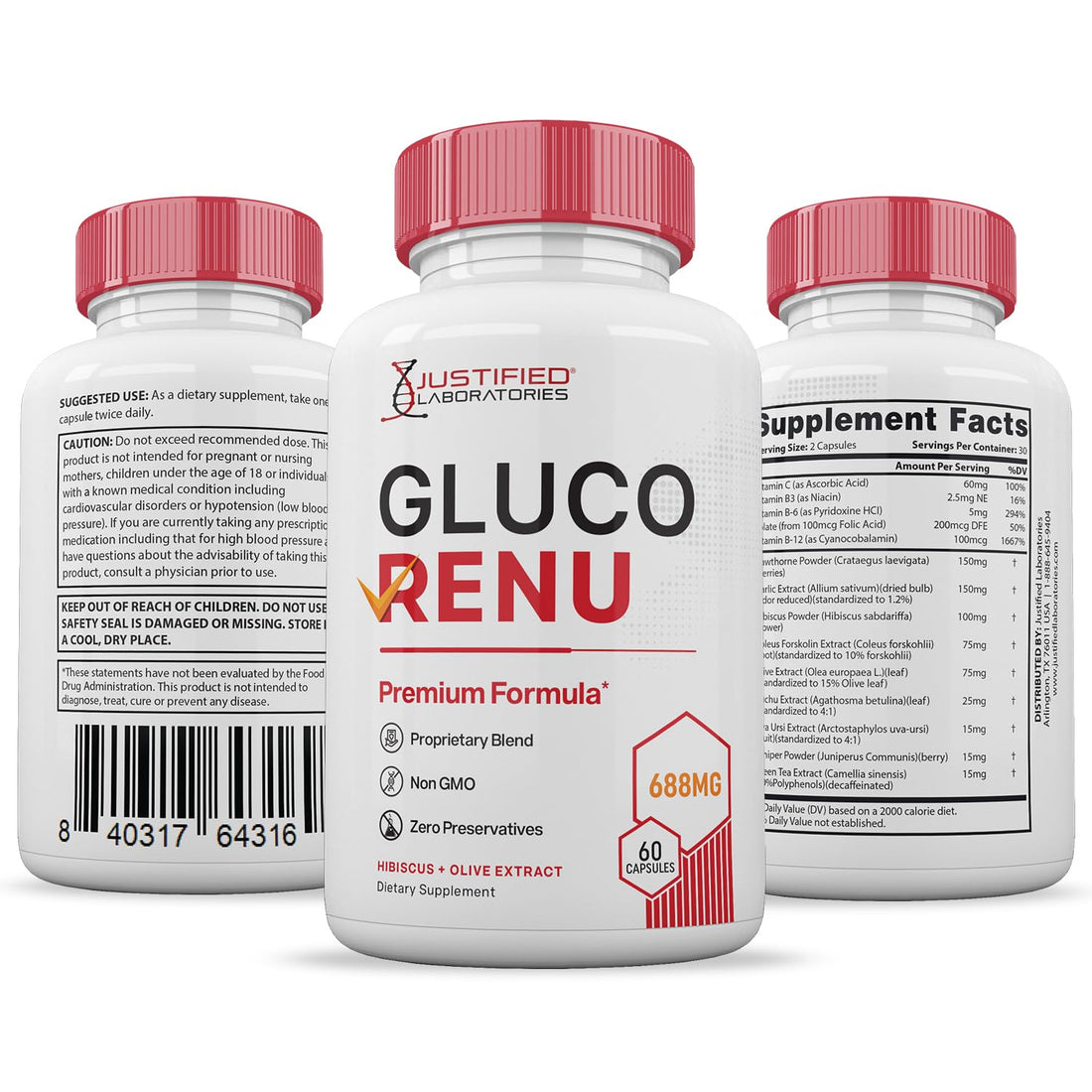 Gluco Renu 688MG Glyco Support Pills Premium Formula Gluo Renew Glycogen Support Formulated Hawthrone Hibiscus Garlic Junpier Powder Olive Forskolin Green Tea Extract 60 Capsules Justified LaboratoriesAu supplements