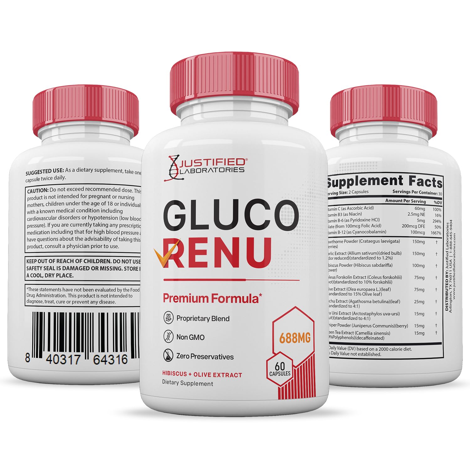 Gluco Renu 688MG Glyco Support Pills Premium Formula Gluo Renew Glycogen Support Formulated Hawthrone Hibiscus Garlic Junpier Powder Olive Forskolin Green Tea Extract 60 Capsules Justified LaboratoriesAu supplements