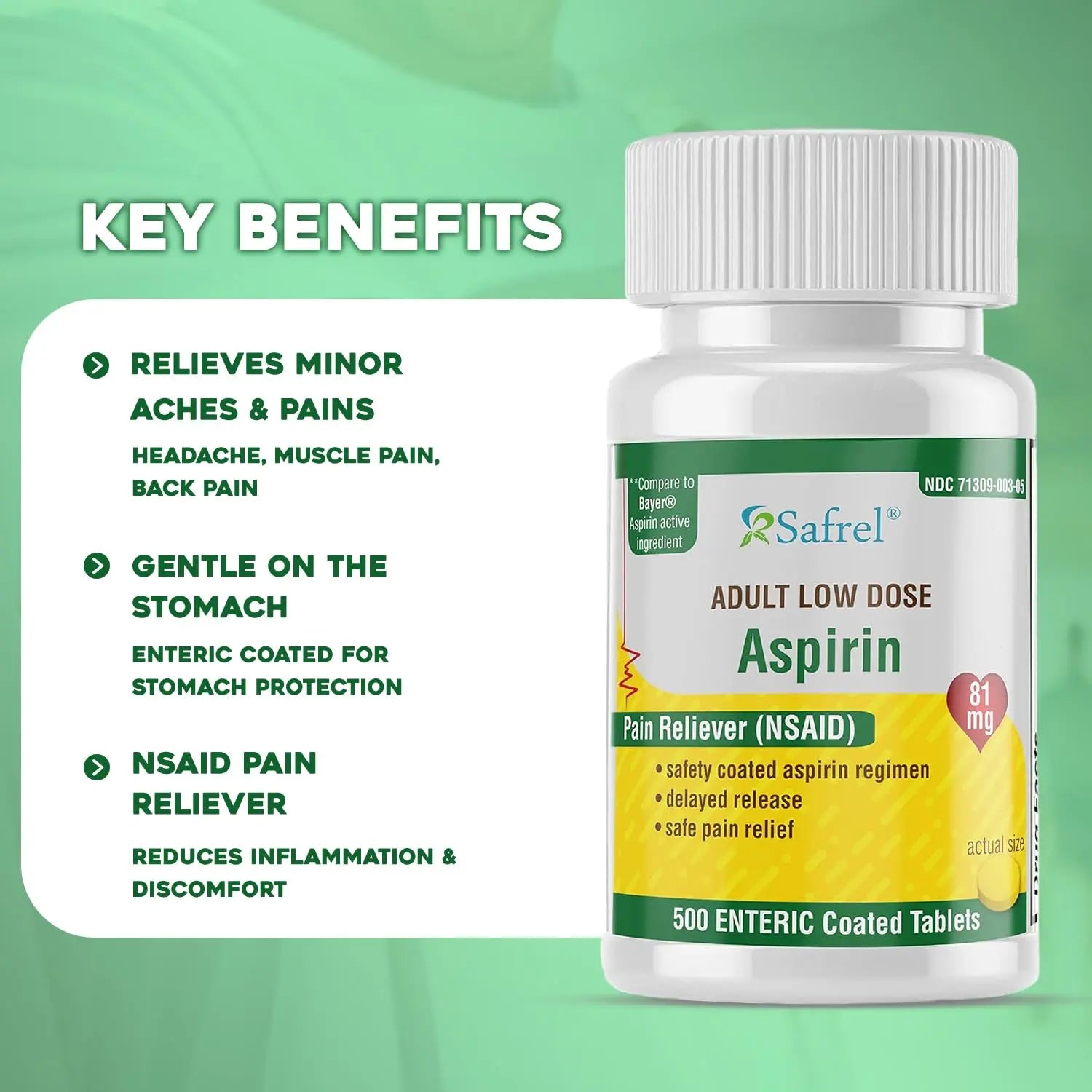 Safrel Generic Bayer Baby Aspirin 81 mg (500 Enteric Coated Tablets) | Adult Low Dose Strength Safe Pain Reliever (NSAID) for Minor Aches | Value Pack SafrelAu supplements