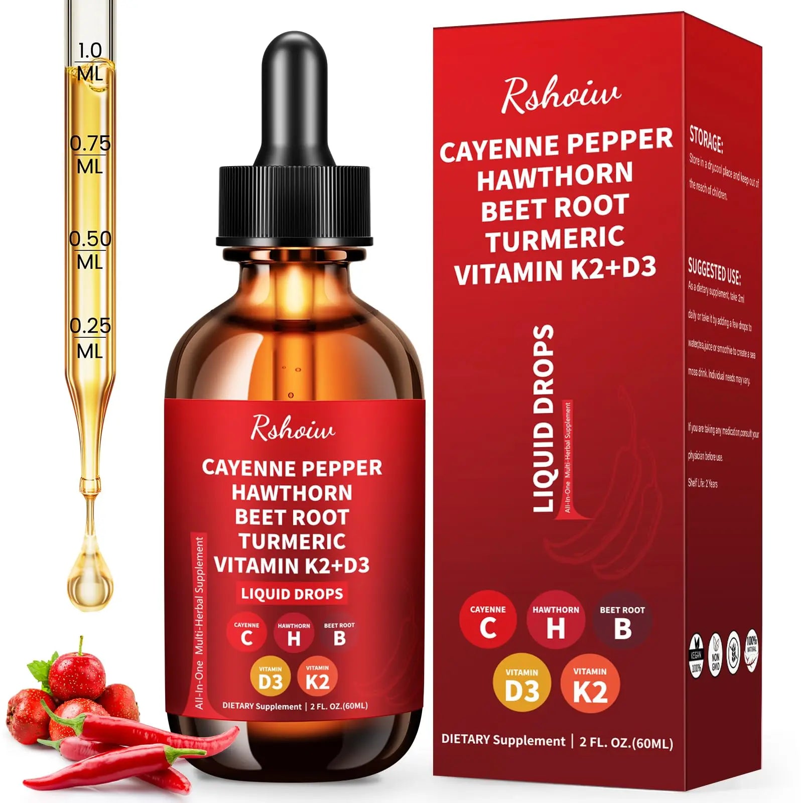 Cayenne Pepper Drops Supplement Liquid with Hawthorn Berry, Vitamin D3 K2, Turmeric Curcumin, Beet Root, Ceylon Cinnamon Vegan- Friendly - 60ml RshoiwAu supplements