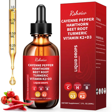 Cayenne Pepper Drops Supplement Liquid with Hawthorn Berry, Vitamin D3 K2, Turmeric Curcumin, Beet Root, Ceylon Cinnamon Vegan- Friendly - 60ml RshoiwAu supplements