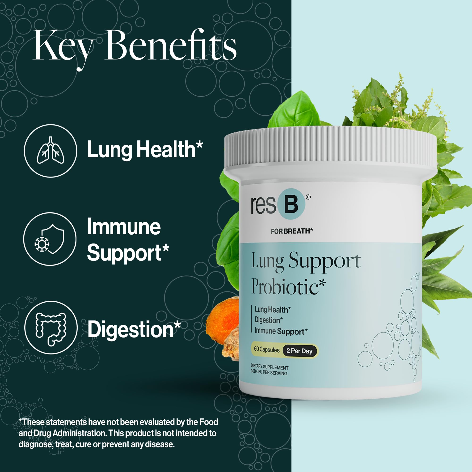 resB Lung Support Probiotic Supplement - Lung Health Supplement for Smokers, Gut Health, Immune & Digestive Support, Respiratory Care, Holy Basil & Turmeric, Clinically Trialed - 60 Capsules ResBioticAu supplements