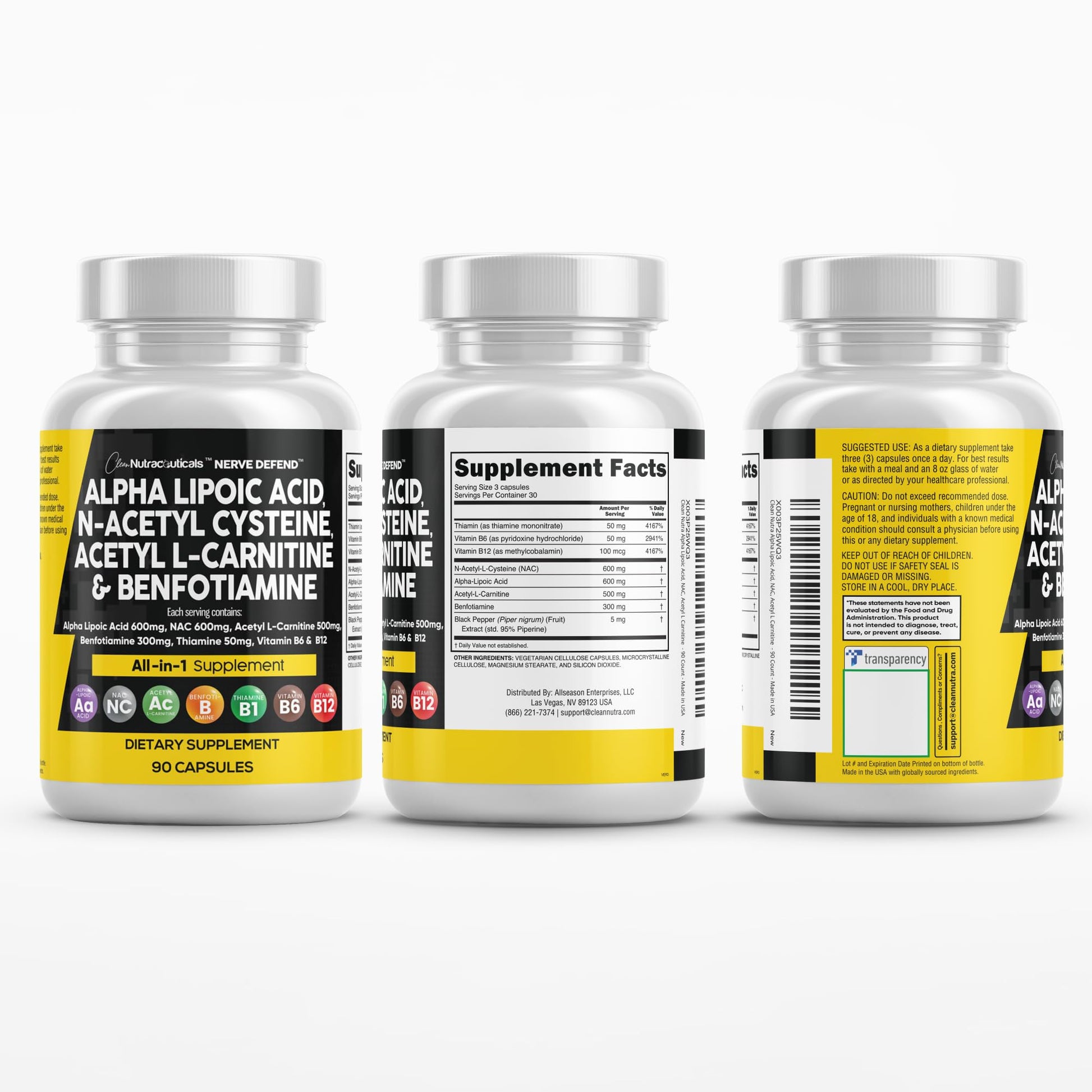 Alpha Lipoic Acid 600mg N-Acetyl Cysteine 600mg Acetyl L-Carnitine 500mg Benfotiamine 300mg - Nerve Support Supplement for Women and Men with Vitamin B1 B6 & B12 - Made in USA 90 Caps Clean NutraceuticalsAu supplements
