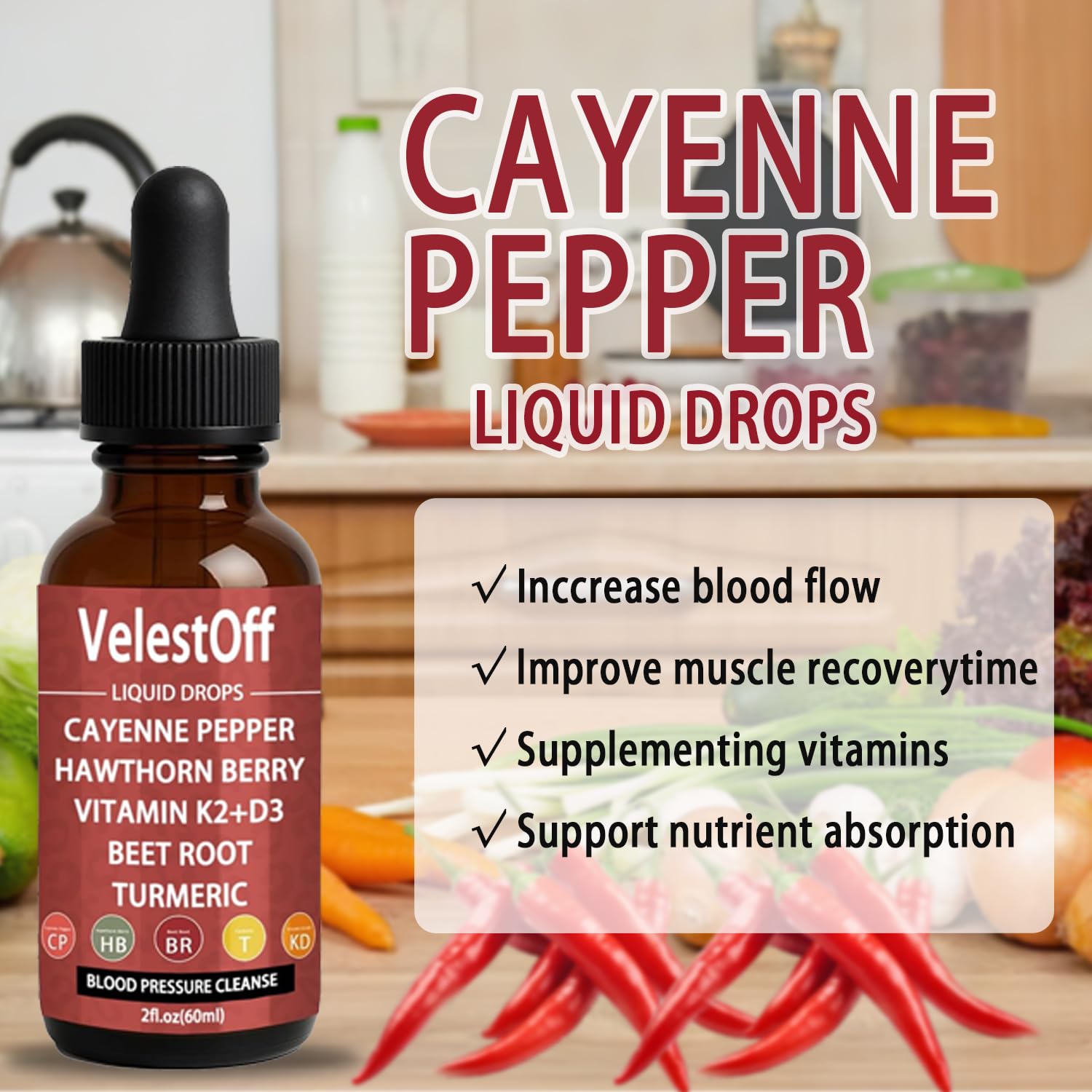 Velestoff Cayenne Pepper & Cayenne Pepper Drops Liquid Supplement with Hawthorn, Beet Root, Turmeric, Vitamin K2 D3 NutralisAu supplements