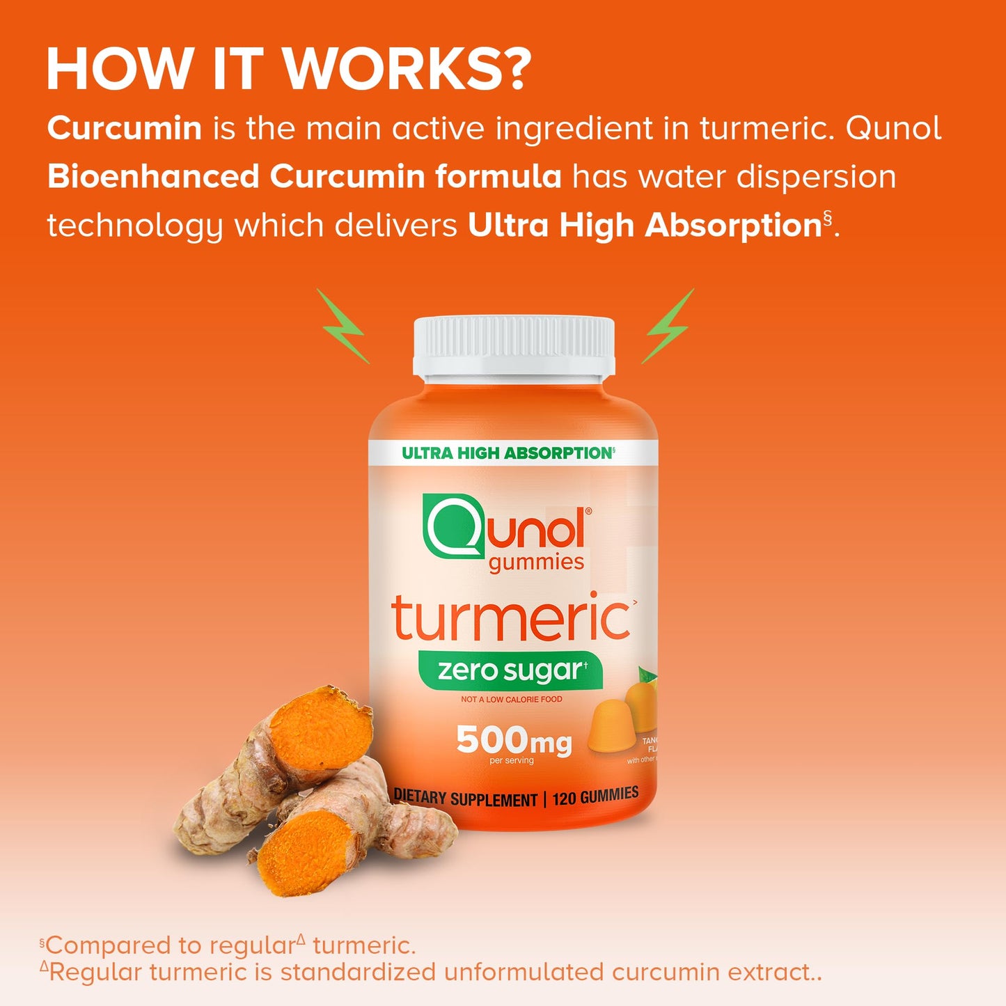 Qunol Zero Sugar Turmeric Gummies, Gummy with 500mg Turmeric Curcumin, Joint Support Supplement, Ultra High Absorption Tumeric Curcumin, QunolUS supplements