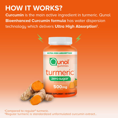Qunol Zero Sugar Turmeric Gummies, Gummy with 500mg Turmeric Curcumin, Joint Support Supplement, Ultra High Absorption Tumeric Curcumin, QunolUS supplements