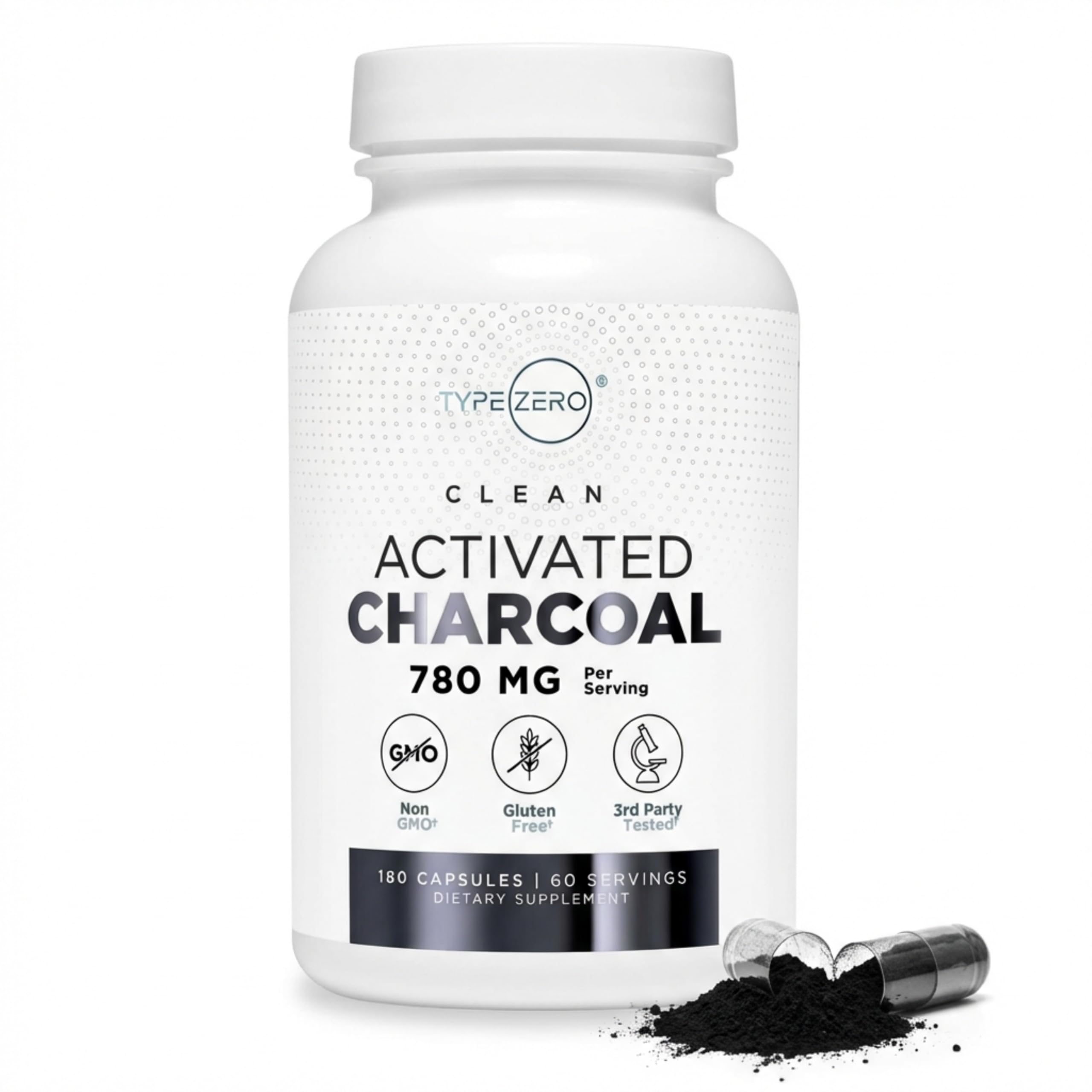 Type Zero Activated Charcoal Capsules (180 Count) - 60 Servings, 780mg Per Serving, from Coconut Shell, Non-GMO, Gluten-Free Type ZeroUS supplements